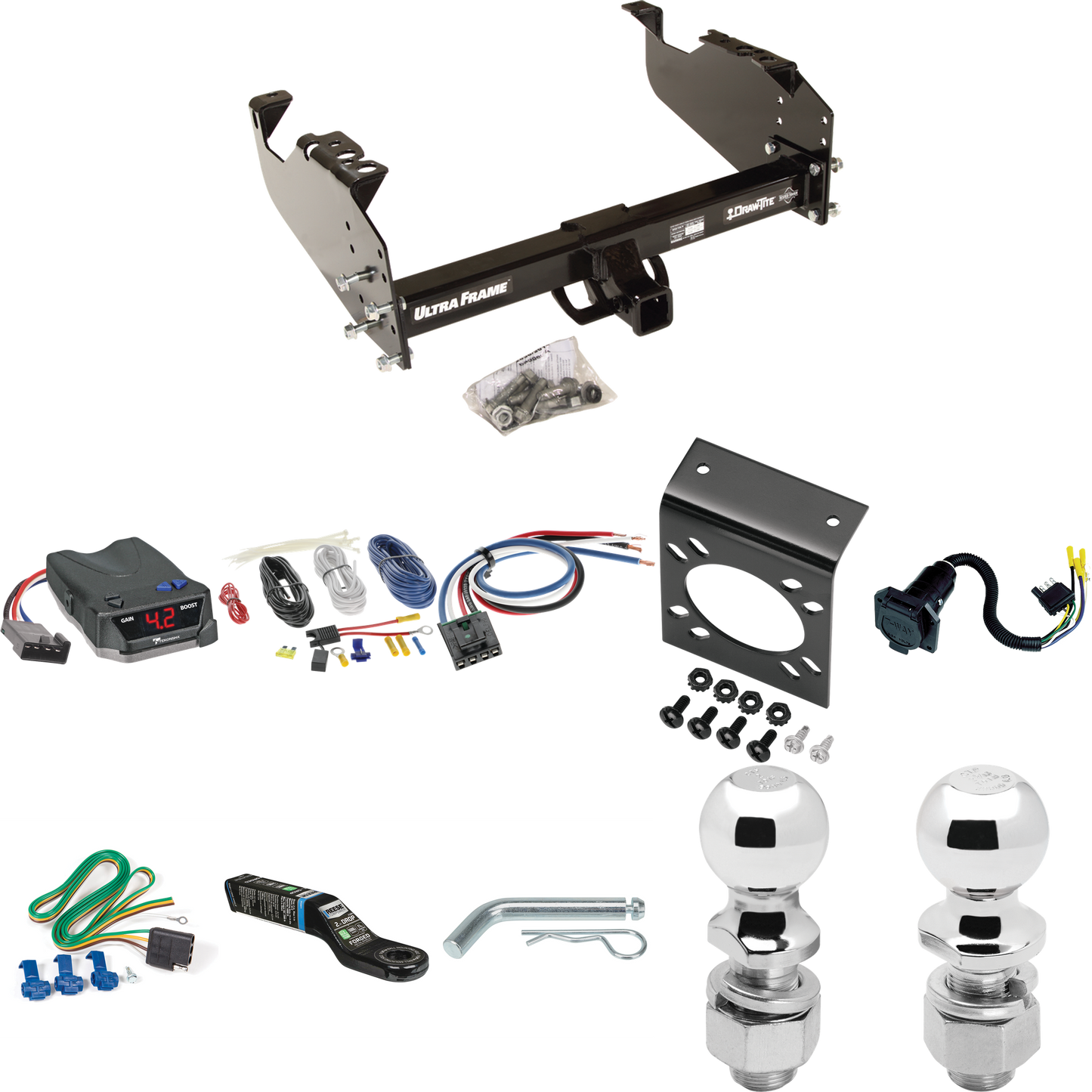 Fits 1963-1966 GMC 3000 Trailer Hitch Tow PKG w/ Tekonsha BRAKE-EVN Brake Control + Generic BC Wiring Adapter + 7-Way RV Wiring + 2" & 2-5/16" Ball & Drop Mount By Draw-Tite