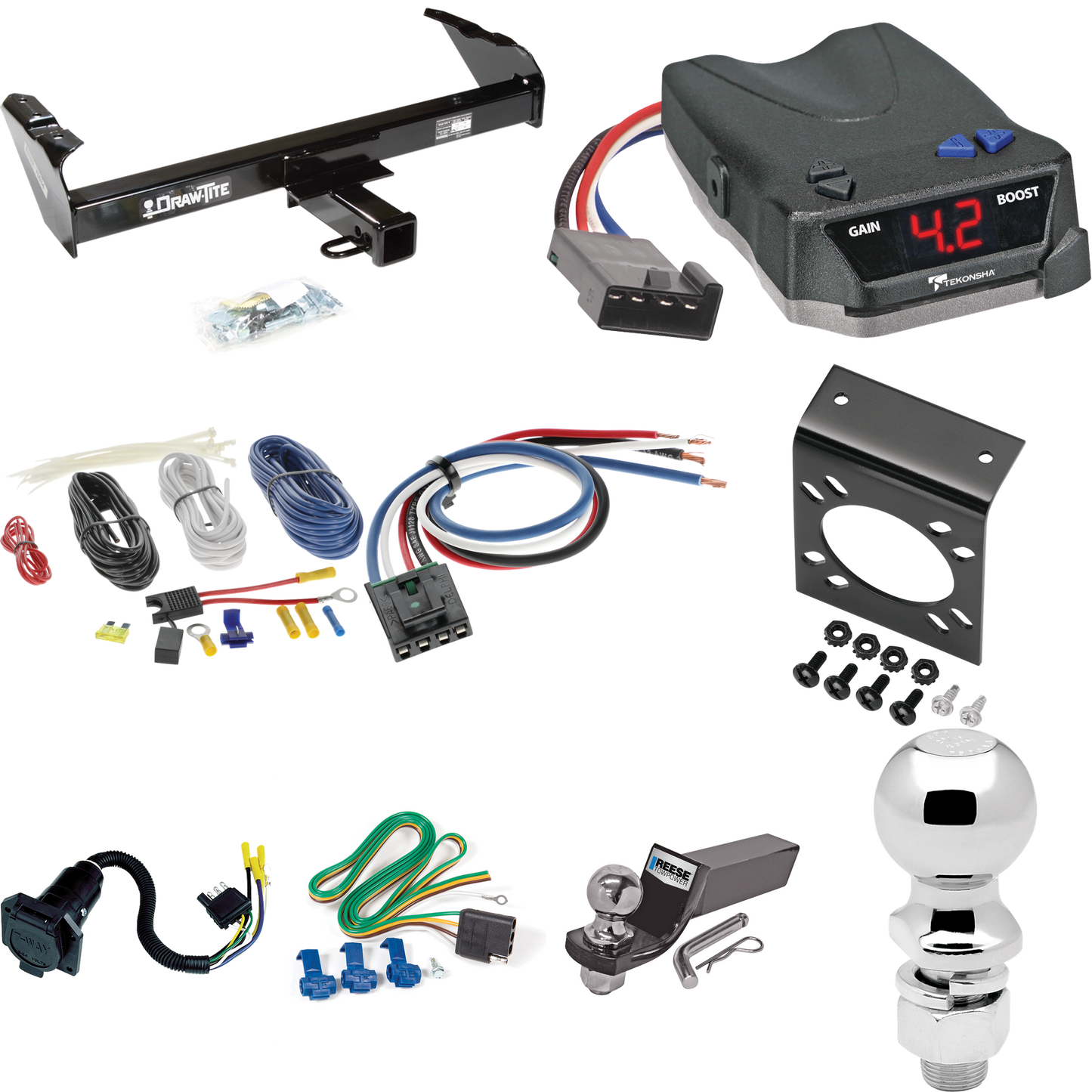 Fits 1969-1970 International 1300D Trailer Hitch Tow PKG w/ Tekonsha BRAKE-EVN Brake Control + Generic BC Wiring Adapter + 7-Way RV Wiring + 2" & 2-5/16" Ball & Drop Mount By Draw-Tite