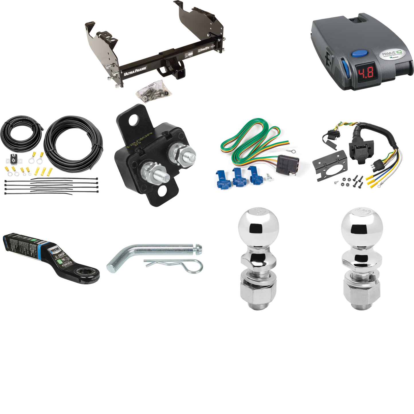 Fits 2011-2012 RAM 5500 Trailer Hitch Tow PKG w/ Tekonsha Primus IQ Brake Control + 7-Way RV Wiring + 2" & 2-5/16" Ball & Drop Mount (For Cab & Chassis, w/34" Wide Frames Models) By Draw-Tite