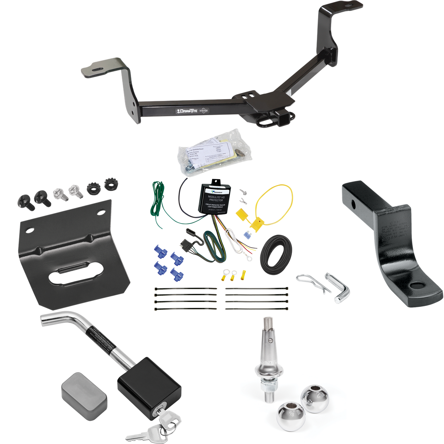 Se adapta al paquete de enganche de remolque Acura TL 2009-2014 con arnés de cableado plano de 4 + barra de tracción + bolas intercambiables de 1-7/8" y 2" + soporte de cableado + bloqueo de enganche de Draw-Tite