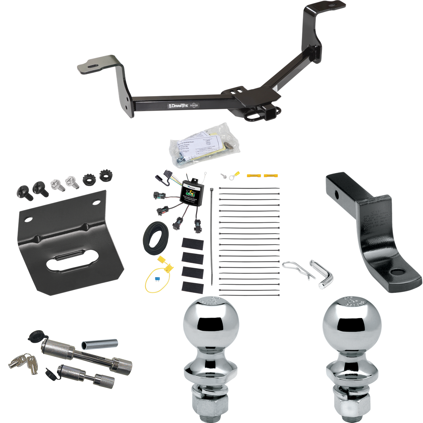 Fits 2013-2015 Honda Accord Trailer Hitch Tow PKG w/ 4-Flat Zero Contact "No Splice" Wiring Harness + Draw-Bar + 1-7/8" + 2" Ball + Wiring Bracket + Dual Hitch & Coupler Locks (For Coupe, w/LED Taillights Models) By Draw-Tite