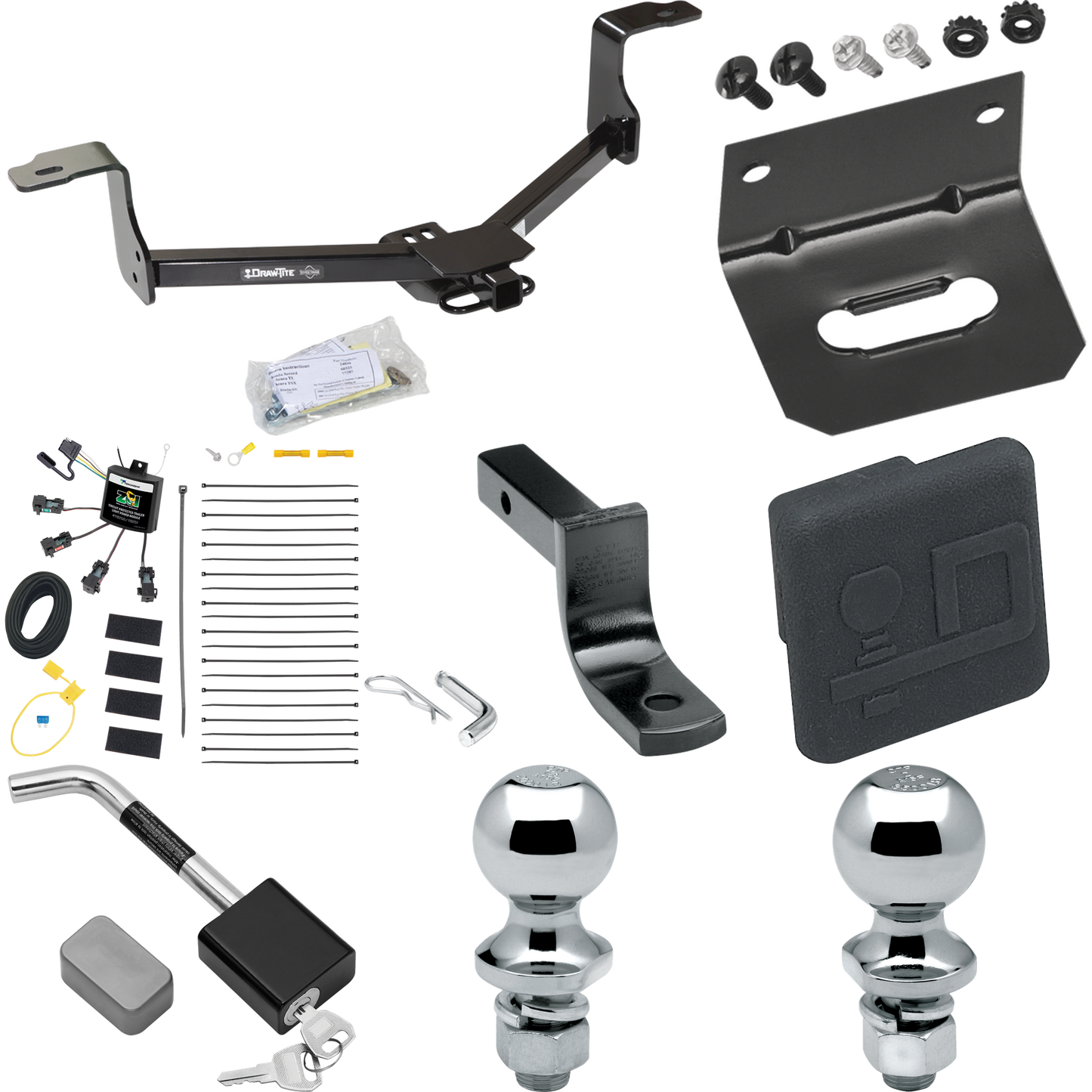 Fits 2009-2014 Acura TL Trailer Hitch Tow PKG w/ 4-Flat Zero Contact "No Splice" Wiring Harness + Draw-Bar + 1-7/8" + 2" Ball + Wiring Bracket + Hitch Cover + Hitch Lock By Draw-Tite