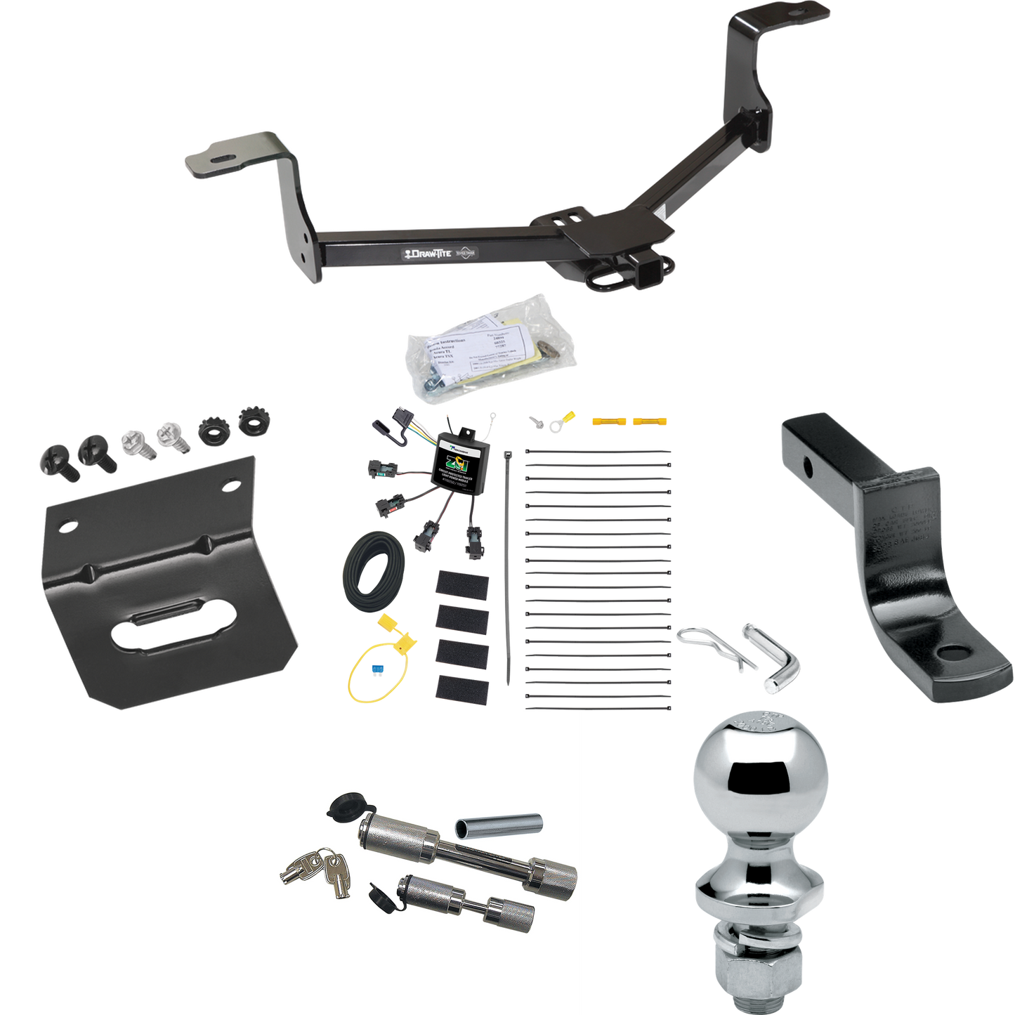 Fits 2009-2014 Acura TL Trailer Hitch Tow PKG w/ 4-Flat Zero Contact "No Splice" Wiring Harness + Draw-Bar + 1-7/8" Ball + Wiring Bracket + Dual Hitch & Coupler Locks By Draw-Tite