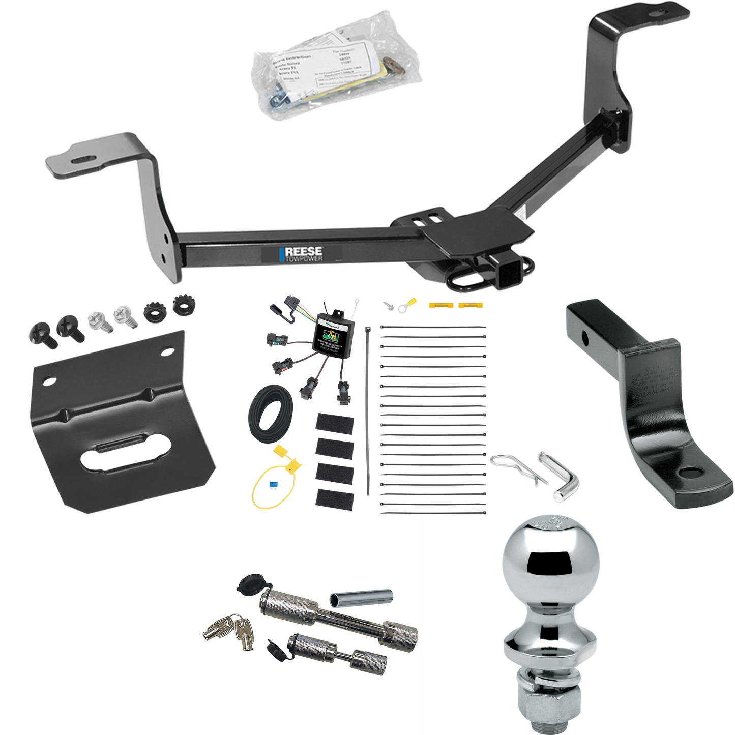 Fits 2009-2014 Acura TL Trailer Hitch Tow PKG w/ 4-Flat Zero Contact "No Splice" Wiring Harness + Draw-Bar + 1-7/8" Ball + Wiring Bracket + Dual Hitch & Coupler Locks By Reese Towpower