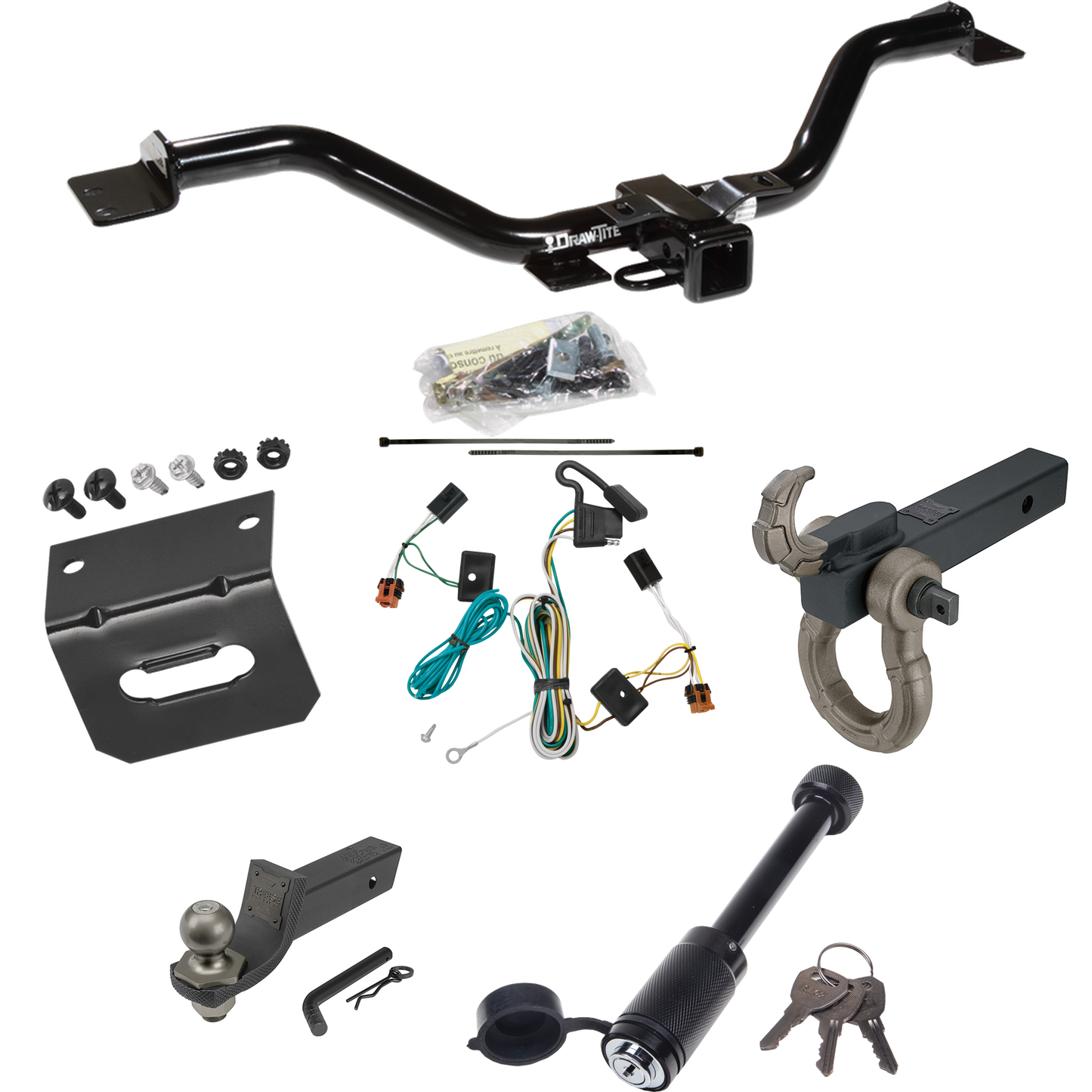 Fits 2007-2012 GMC Acadia Trailer Hitch Tow PKG w/ 4-Flat Wiring + Interlock Tactical Starter Kit w/ 2" Drop & 2" Ball + Tactical Hook & Shackle Mount + Tactical Dogbone Lock + Wiring Bracket By Draw-Tite