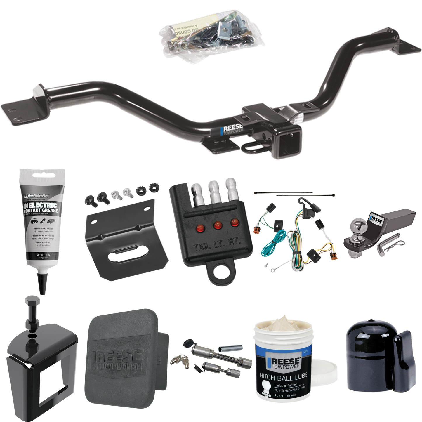 Fits 2007-2012 GMC Acadia Trailer Hitch Tow PKG w/ 4-Flat Wiring + Starter Kit Ball Mount w/ 2" Drop & 2" Ball + 1-7/8" Ball + Wiring Bracket + Dual Hitch & Coupler Locks + Hitch Cover + Wiring Tester + Ball Lube + Electric Grease + Ball Wrench + Ant