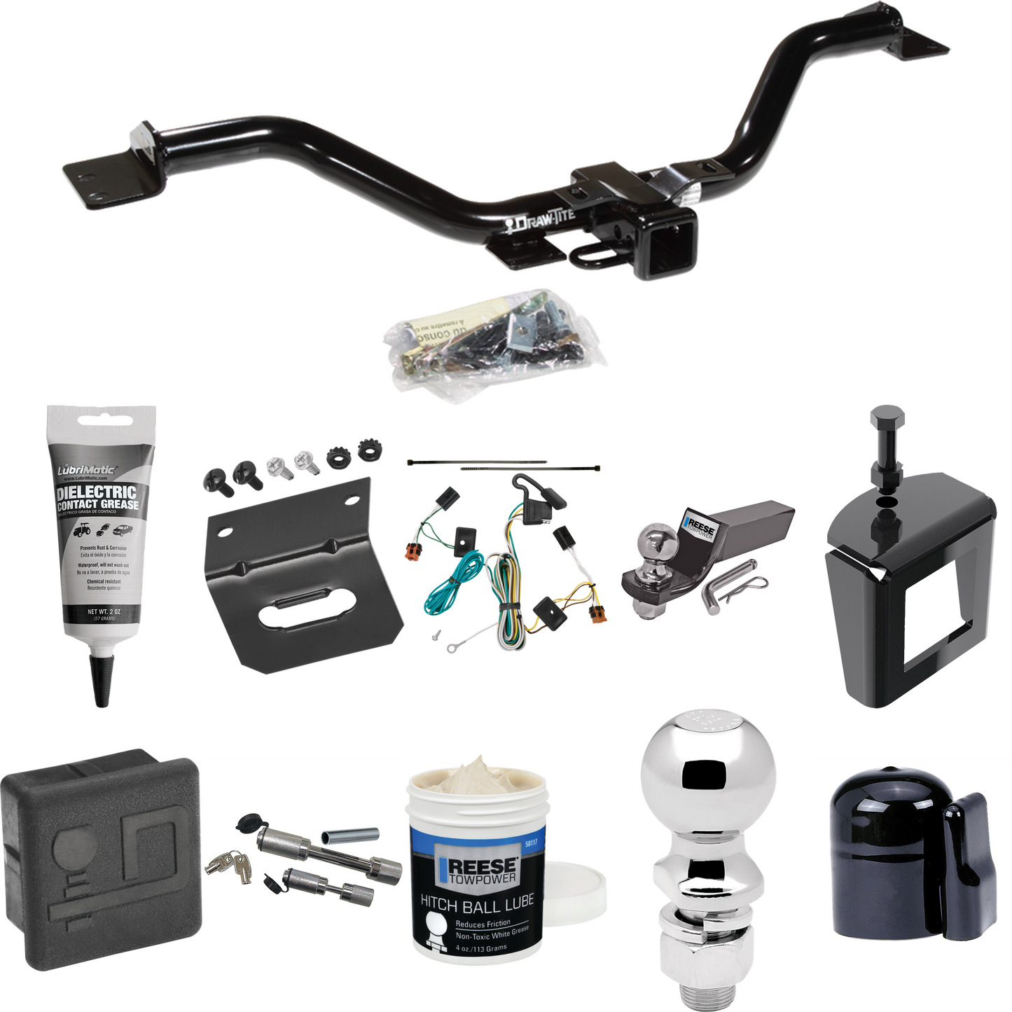 Fits 2007-2012 GMC Acadia Trailer Hitch Tow PKG w/ 4-Flat Wiring + Starter Kit Ball Mount w/ 2" Drop & 2" Ball + 2-5/16" Ball + Wiring Bracket + Dual Hitch & Coupler Locks + Hitch Cover + Wiring Tester + Ball Lube +Electric Grease + Ball Wrench + Ant