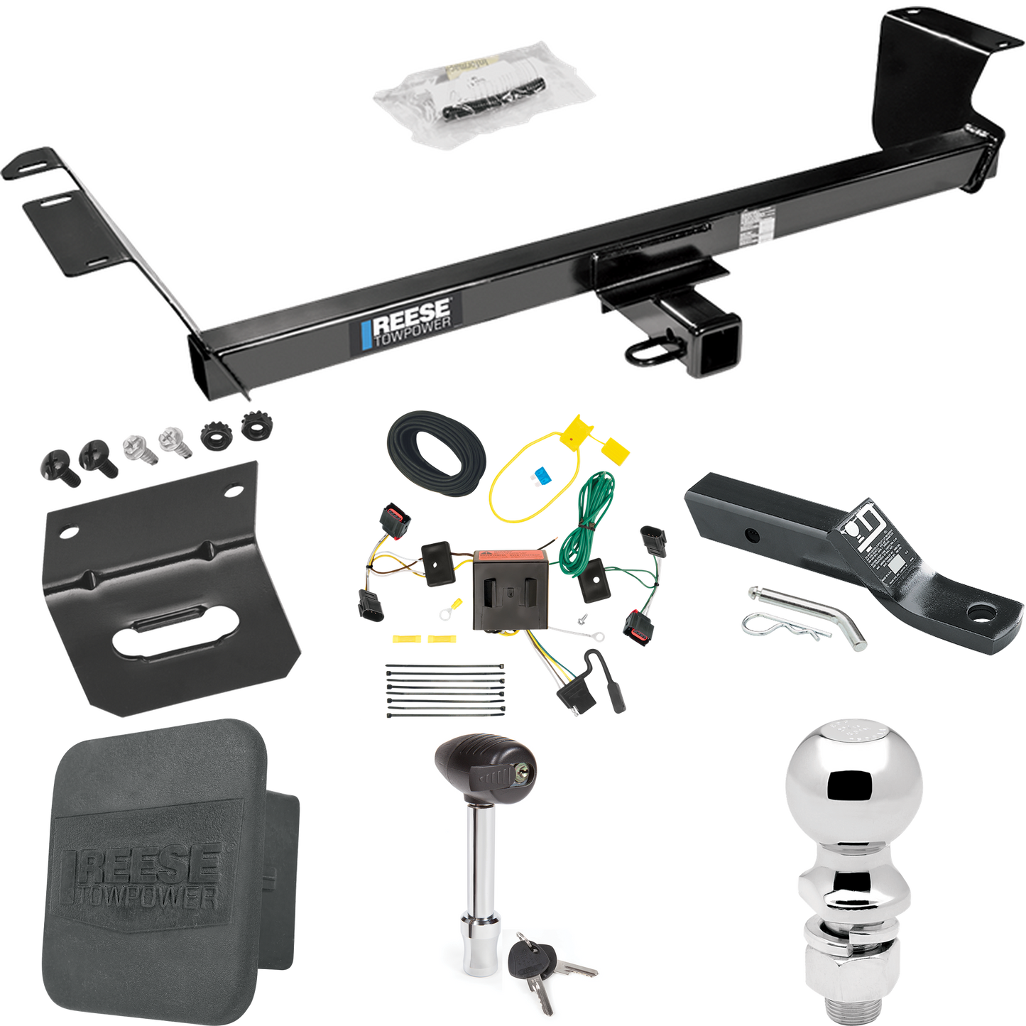 Fits 2008-2010 Dodge Grand Caravan Trailer Hitch Tow PKG w/ 4-Flat Wiring + Ball Mount w/ 2" Drop + 2-5/16" Ball + Wiring Bracket + Hitch Lock + Hitch Cover By Reese Towpower