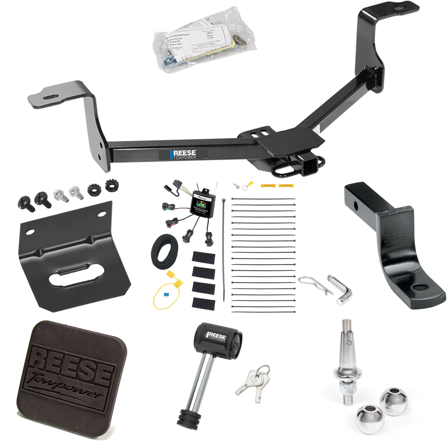 Fits 2013-2015 Honda Accord Trailer Hitch Tow PKG w/ 4-Flat Zero Contact "No Splice" Wiring Harness + Draw-Bar + Interchangeable 1-7/8" & 2" Balls + Wiring Bracket + Hitch Cover + Hitch Lock (For Sedan, w/LED Taillights Models) By Reese Towpower