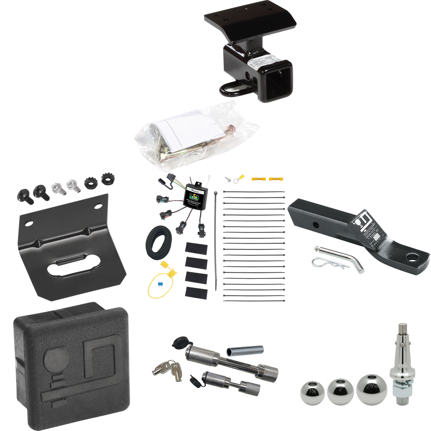 Fits 2009-2011 Volkswagen Tiguan Trailer Hitch Tow PKG w/ 4-Flat Zero Contact "No Splice" Wiring + Ball Mount w/ 2" Drop + Interchangeable Ball 1-7/8" & 2" & 2-5/16" + Wiring Bracket + Dual Hitch & Coupler Locks + Hitch Cover By Draw-Tite