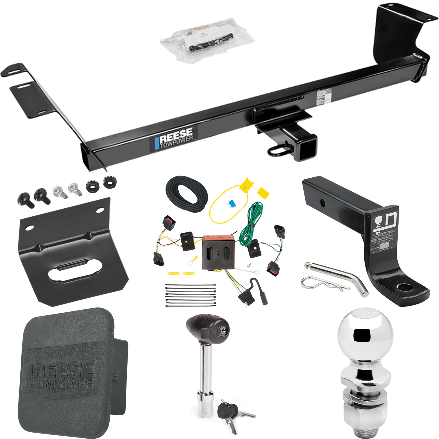 Fits 2008-2010 Chrysler Town & Country Trailer Hitch Tow PKG w/ 4-Flat Wiring + Ball Mount w/ 4" Drop + 2" Ball + Wiring Bracket + Hitch Lock + Hitch Cover By Reese Towpower