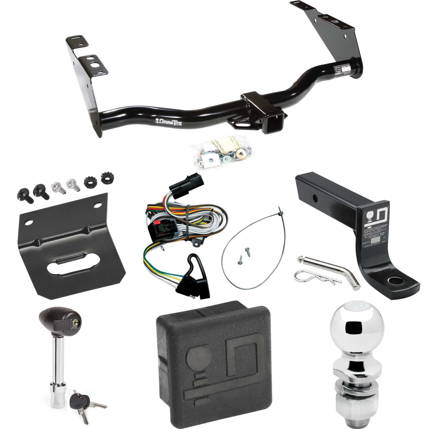 Se adapta al paquete de enganche de remolque Dodge Grand Caravan 2001-2003 con cableado plano de 4 + soporte de bola con caída de 4" + bola de 2" + soporte de cableado + bloqueo de enganche + cubierta de enganche de Draw-Tite