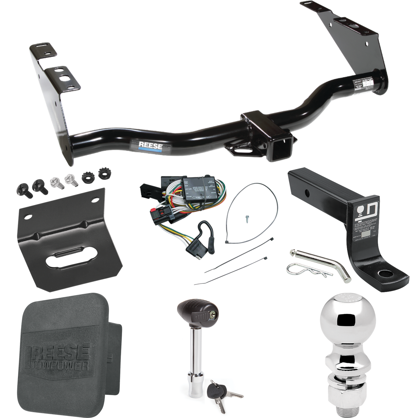 Fits 1996-2000 Dodge Caravan Trailer Hitch Tow PKG w/ 4-Flat Wiring + Ball Mount w/ 4" Drop + 2-5/16" Ball + Wiring Bracket + Hitch Lock + Hitch Cover By Reese Towpower