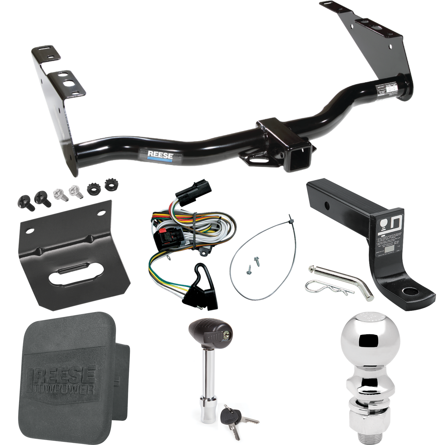 Fits 2001-2003 Chrysler Town & Country Trailer Hitch Tow PKG w/ 4-Flat Wiring + Ball Mount w/ 4" Drop + 2-5/16" Ball + Wiring Bracket + Hitch Lock + Hitch Cover By Reese Towpower