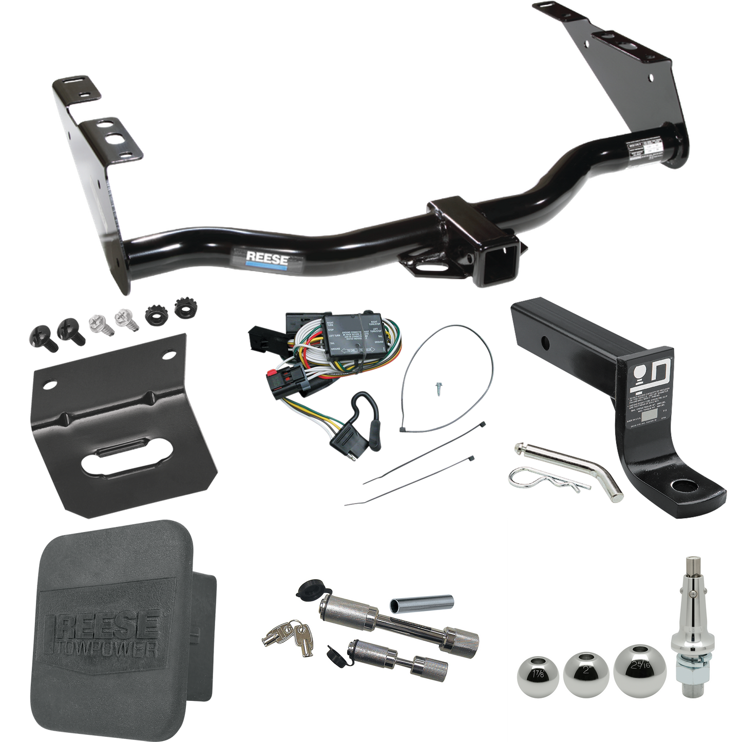 Fits 1996-2000 Chrysler Town & Country Trailer Hitch Tow PKG w/ 4-Flat Wiring + Ball Mount w/ 4" Drop + Interchangeable Ball 1-7/8" & 2" & 2-5/16" + Wiring Bracket + Dual Hitch & Coupler Locks + Hitch Cover By Reese Towpower