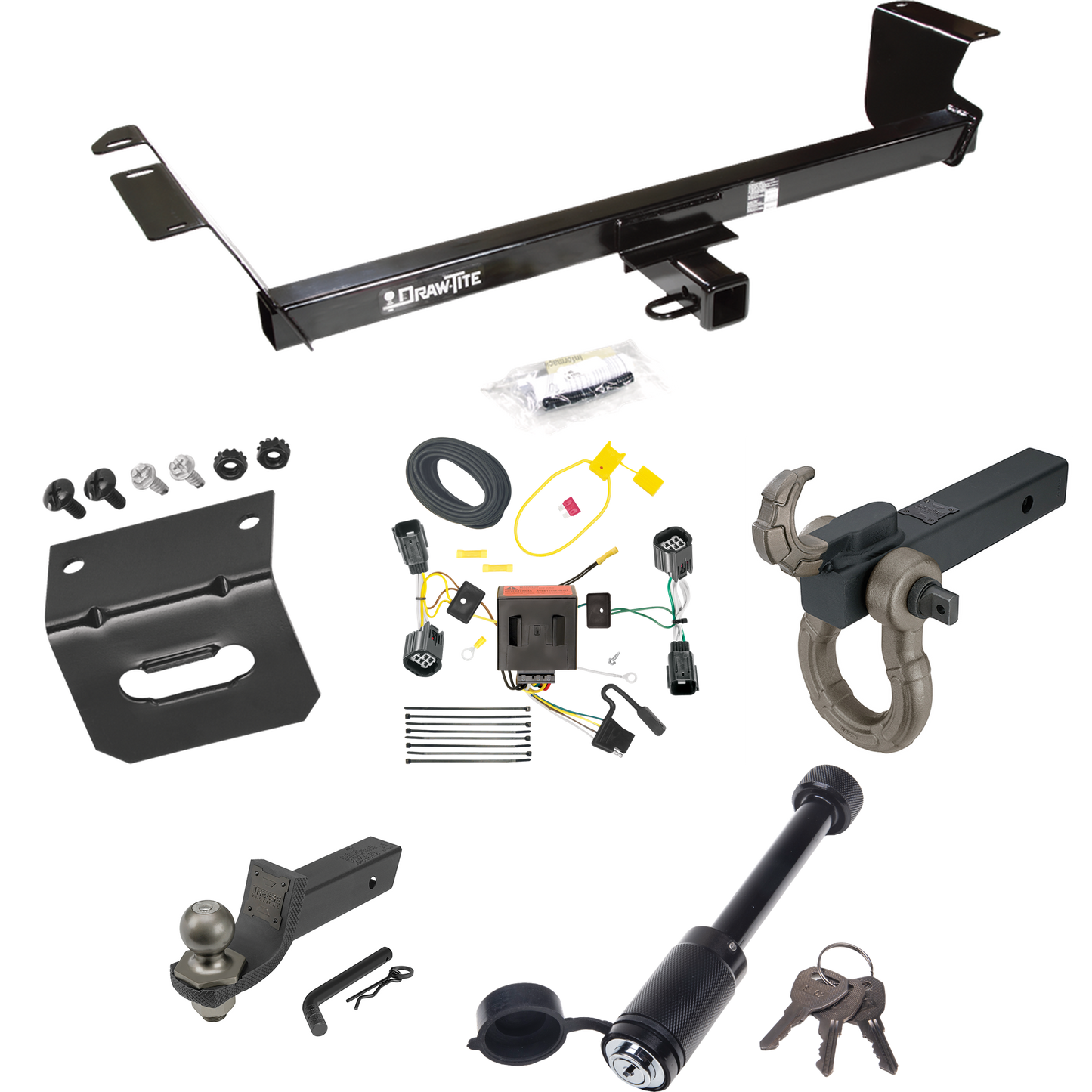 Fits 2011-2020 Dodge Grand Caravan Trailer Hitch Tow PKG w/ 4-Flat Wiring + Interlock Tactical Starter Kit w/ 2" Drop & 2" Ball + Tactical Hook & Shackle Mount + Tactical Dogbone Lock + Wiring Bracket By Draw-Tite