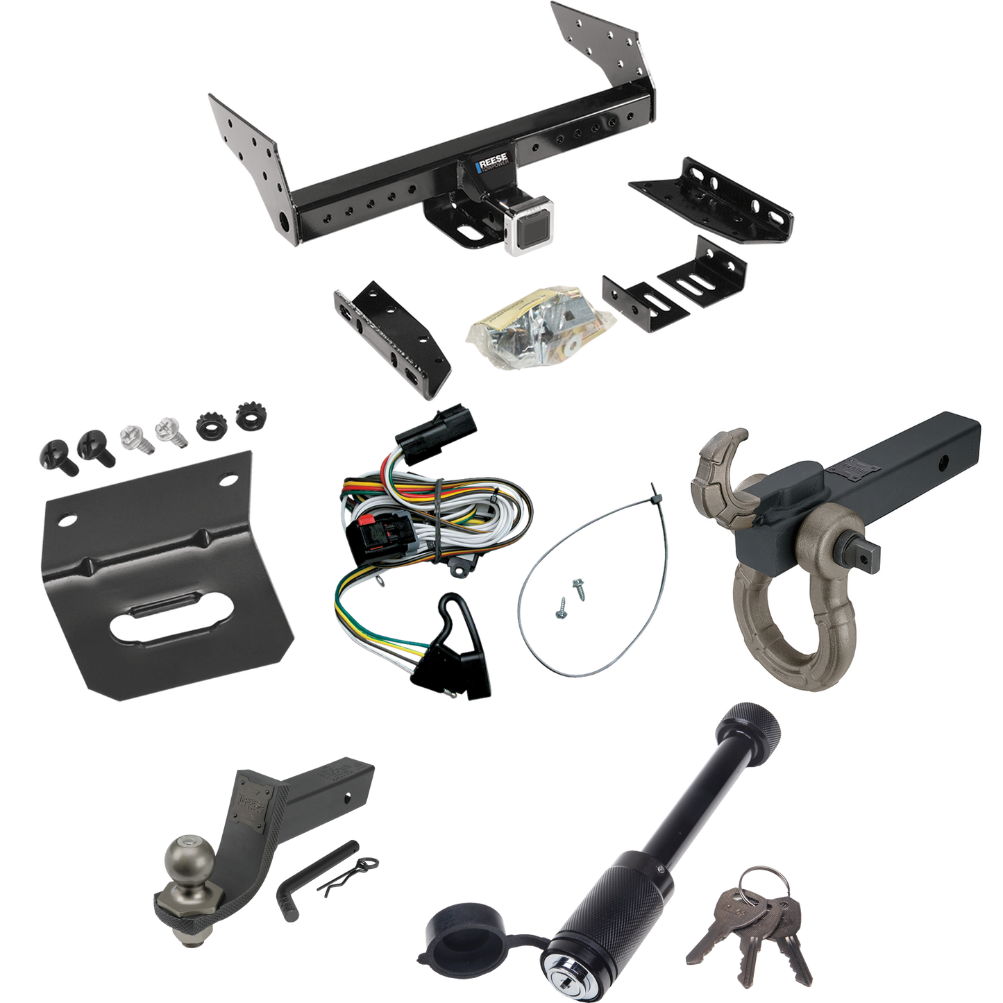 Fits 2001-2003 Dodge Grand Caravan Trailer Hitch Tow PKG w/ 4-Flat Wiring + Interlock Tactical Starter Kit w/ 3-1/4" Drop & 2" Ball + Tactical Hook & Shackle Mount + Tactical Dogbone Lock + Wiring Bracket By Reese Towpower