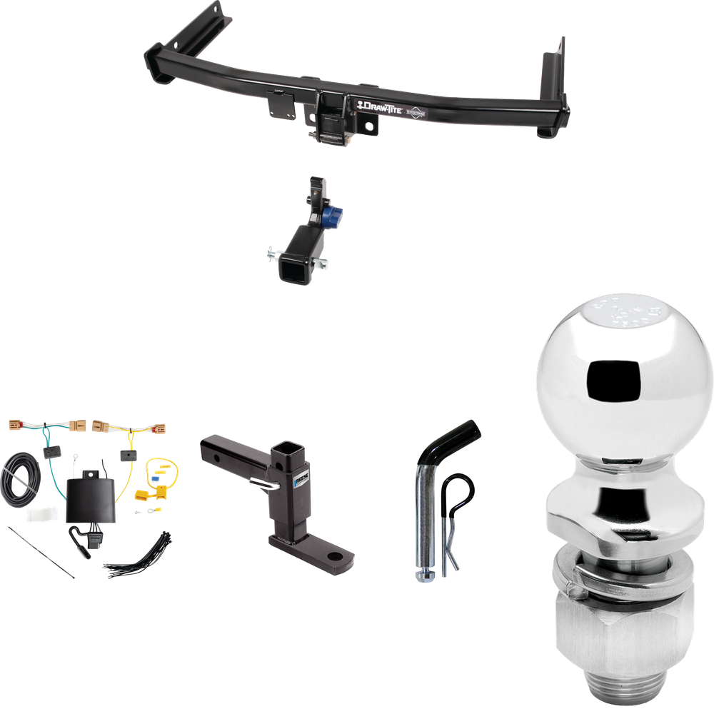 Fits 2019-2023 Volkswagen Tiguan Trailer Hitch Tow PKG w/ 4-Flat Wiring Harness + Adjustable Drop Rise Ball Mount + Pin/Clip + 2" Ball By Draw-Tite