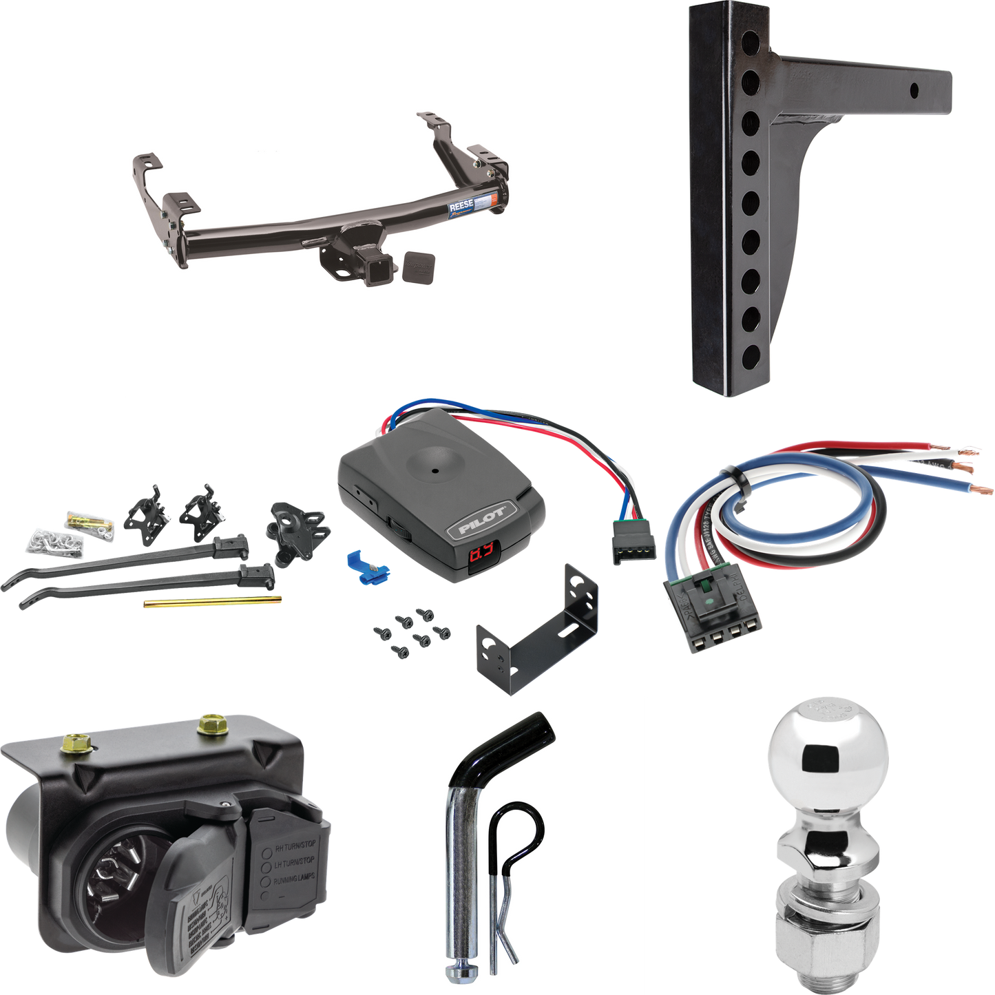 Fits 1999-2005 GMC Sierra 1500 Trailer Hitch Tow PKG w/ 12K Trunnion Bar Weight Distribution Hitch + Pin/Clip + 2-5/16" Ball + Pro Series Pilot Brake Control + Generic BC Wiring Adapter + 7-Way RV Wiring By Reese Towpower