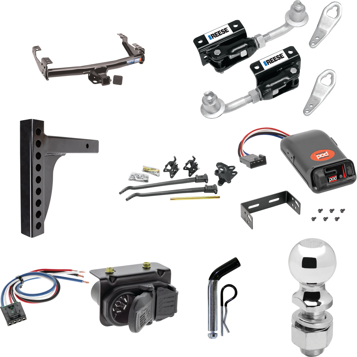 Fits 1999-2004 GMC Sierra 2500 Trailer Hitch Tow PKG w/ 12K Trunnion Bar Weight Distribution Hitch + Pin/Clip + Dual Cam Sway Control + 2-5/16" Ball + Pro Series POD Brake Control + Generic BC Wiring Adapter + 7-Way RV Wiring By Reese Towpower