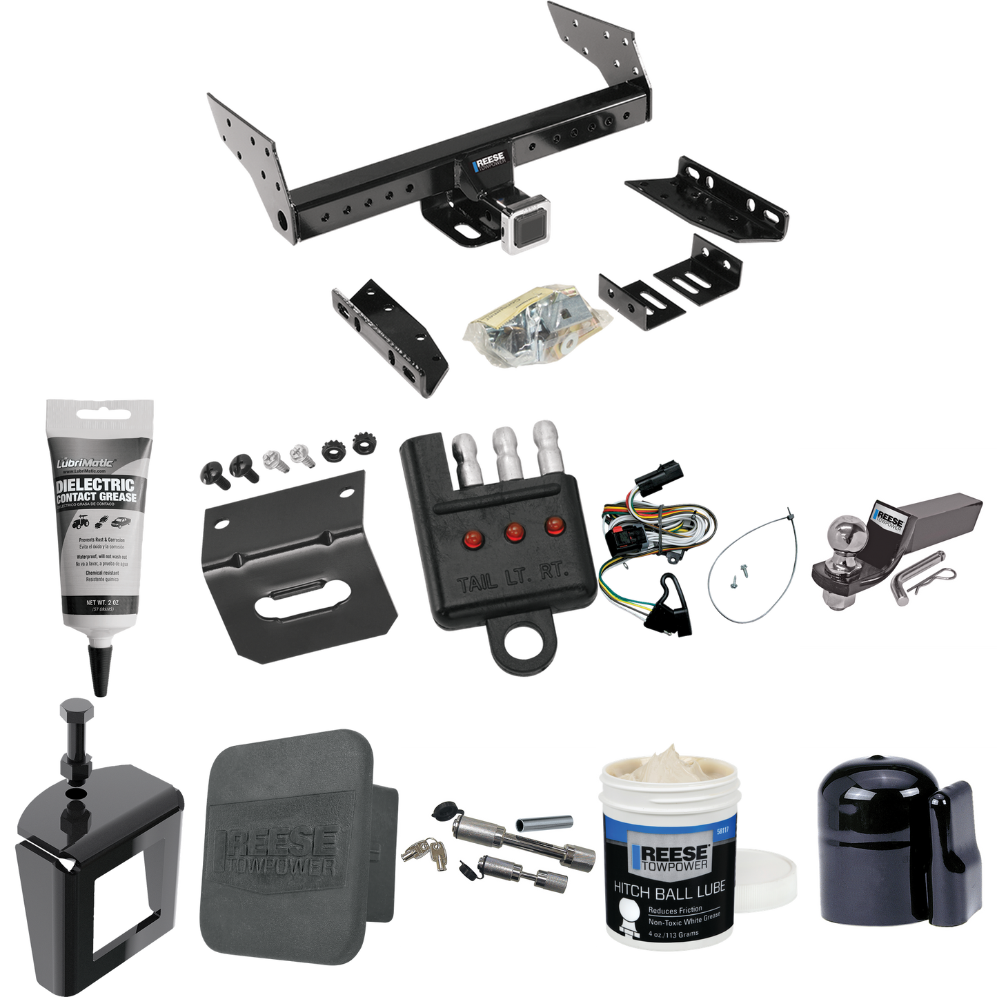 Fits 2001-2003 Chrysler Town & Country Trailer Hitch Tow PKG w/ 4-Flat Wiring + Starter Kit Ball Mount w/ 2" Drop & 2" Ball + 1-7/8" Ball + Wiring Bracket + Dual Hitch & Coupler Locks + Hitch Cover + Wiring Tester + Ball Lube + Electric Grease + Ball