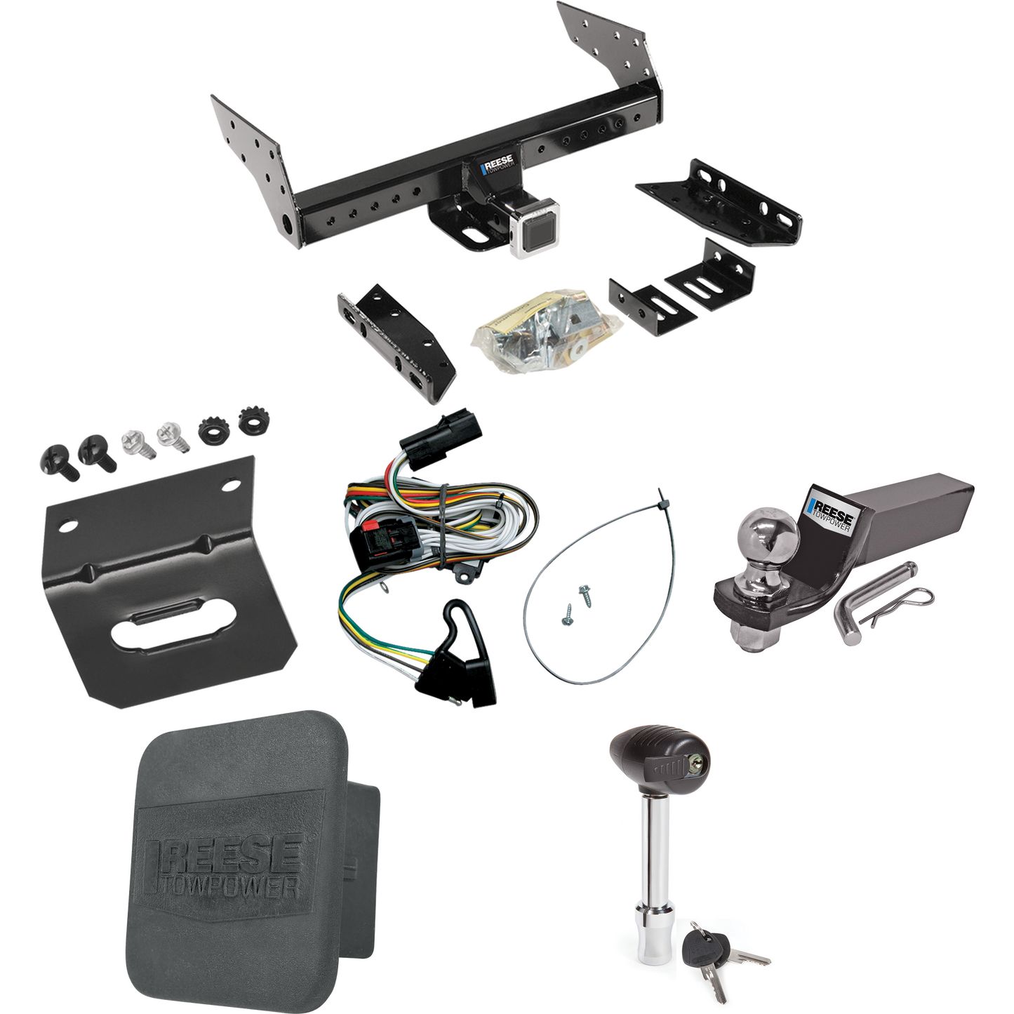 Fits 2001-2003 Dodge Caravan Trailer Hitch Tow PKG w/ 4-Flat Wiring + Starter Kit Ball Mount w/ 2" Drop & 2" Ball + 1-7/8" Ball + Wiring Bracket + Hitch Lock + Hitch Cover By Reese Towpower