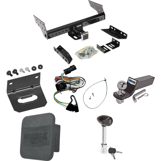 Fits 2001-2003 Dodge Caravan Trailer Hitch Tow PKG w/ 4-Flat Wiring + Starter Kit Ball Mount w/ 2" Drop & 2" Ball + 1-7/8" Ball + Wiring Bracket + Hitch Lock + Hitch Cover By Reese Towpower