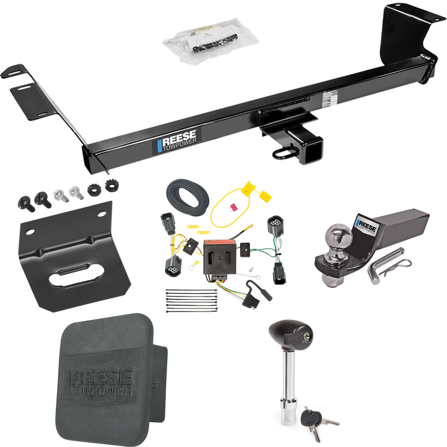 Fits 2012-2015 RAM C/V Trailer Hitch Tow PKG w/ 4-Flat Wiring + Starter Kit Ball Mount w/ 2" Drop & 2" Ball + 1-7/8" Ball + Wiring Bracket + Hitch Lock + Hitch Cover (For Tradesman Models) By Reese Towpower