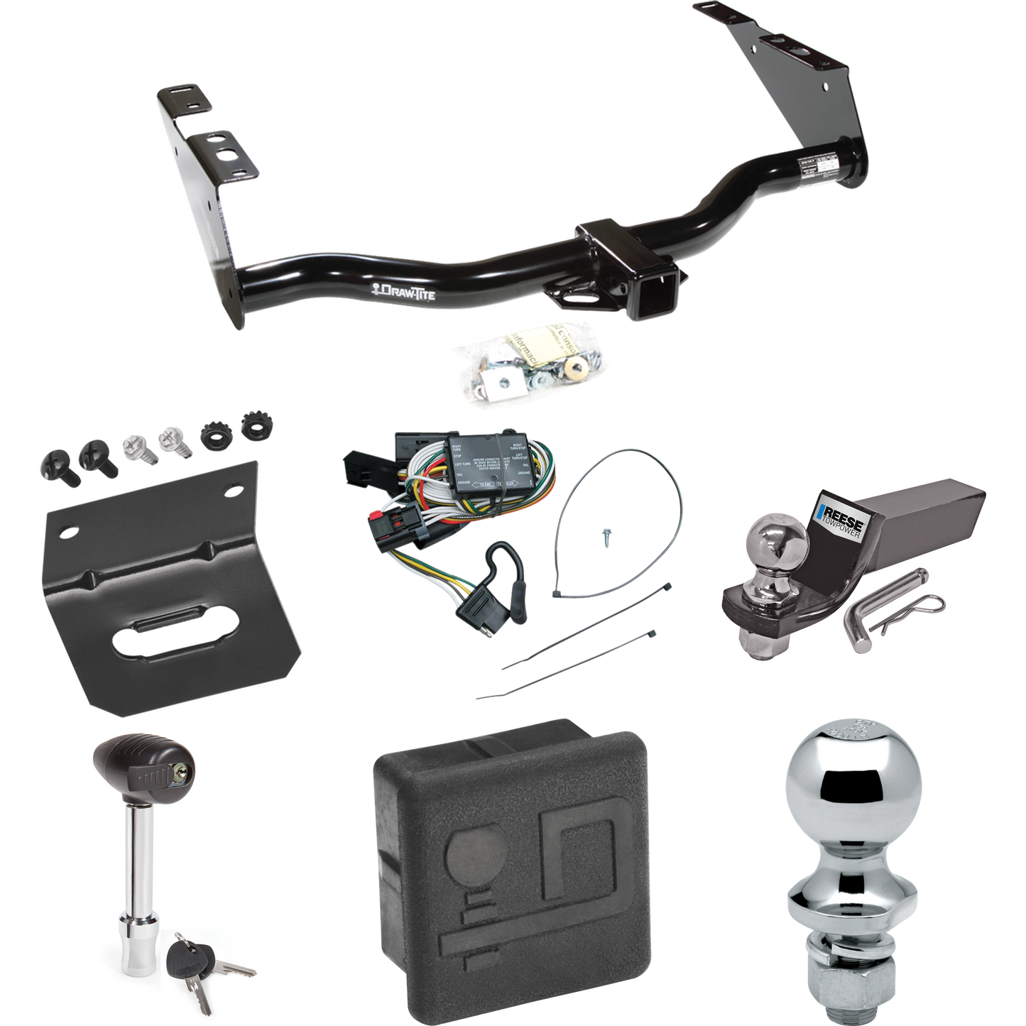 Fits 1996-2000 Chrysler Town & Country Trailer Hitch Tow PKG w/ 4-Flat Wiring + Starter Kit Ball Mount w/ 2" Drop & 2" Ball + 1-7/8" Ball + Wiring Bracket + Hitch Lock + Hitch Cover By Draw-Tite