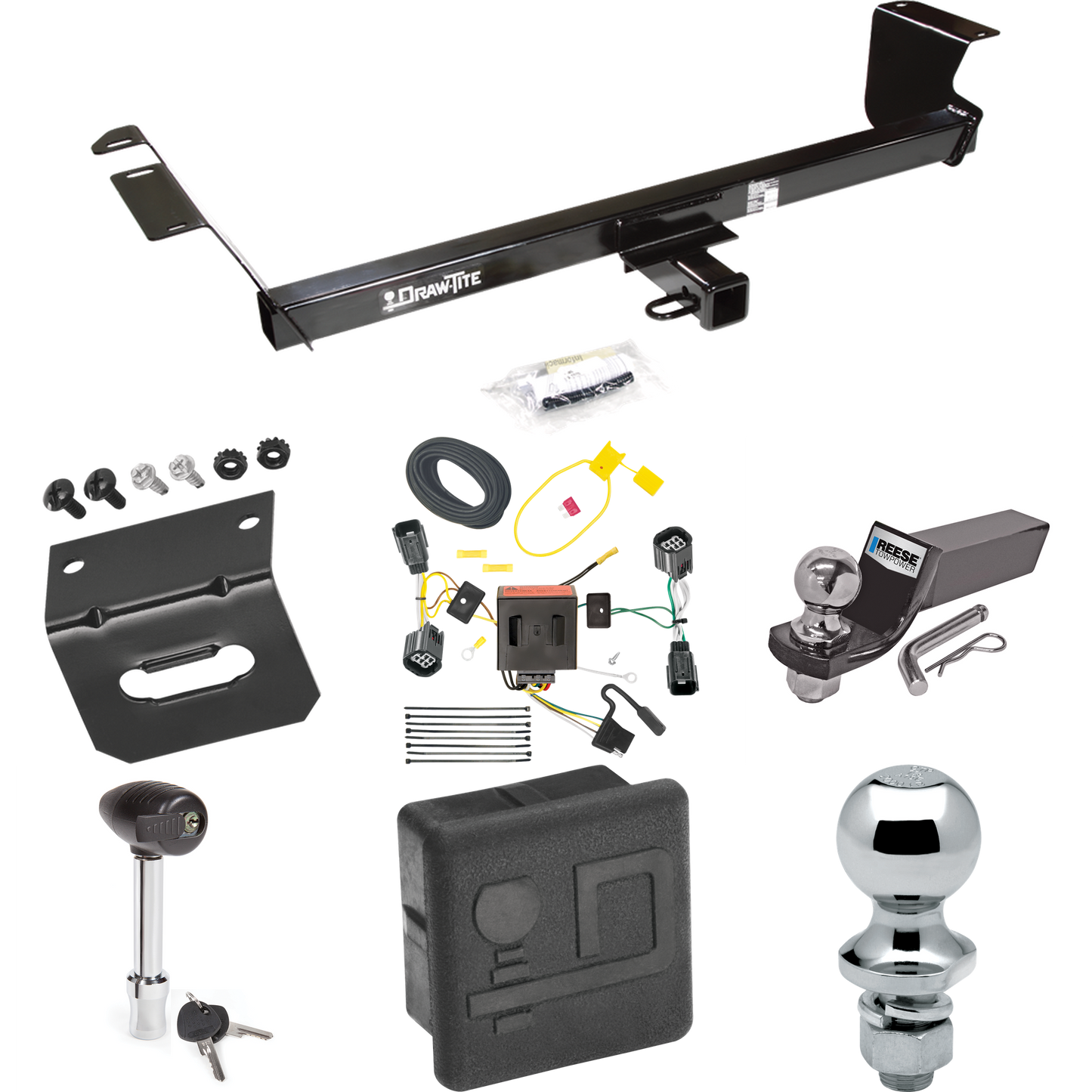 Fits 2011-2020 Dodge Grand Caravan Trailer Hitch Tow PKG w/ 4-Flat Wiring + Starter Kit Ball Mount w/ 2" Drop & 2" Ball + 1-7/8" Ball + Wiring Bracket + Hitch Lock + Hitch Cover By Draw-Tite