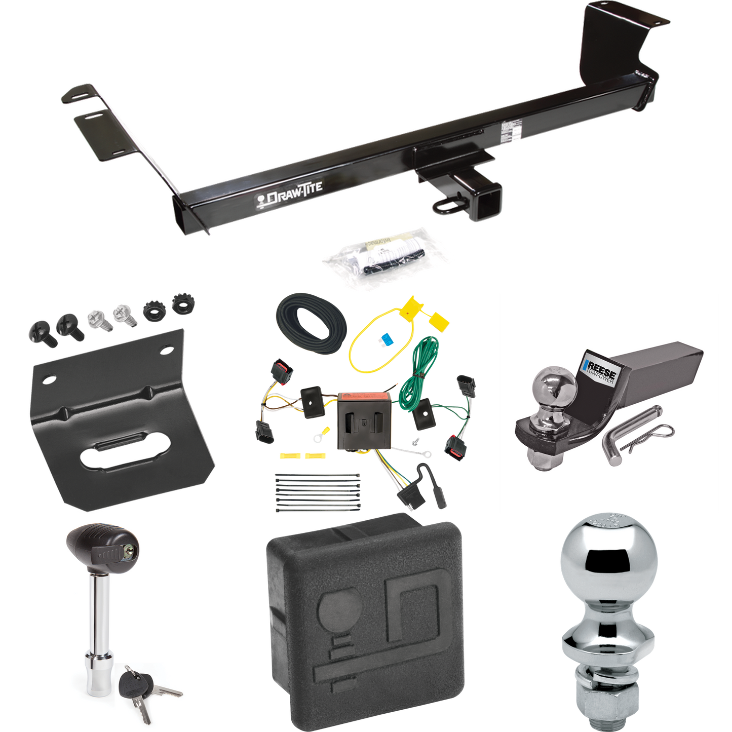 Fits 2008-2010 Chrysler Town & Country Trailer Hitch Tow PKG w/ 4-Flat Wiring + Starter Kit Ball Mount w/ 2" Drop & 2" Ball + 1-7/8" Ball + Wiring Bracket + Hitch Lock + Hitch Cover By Draw-Tite