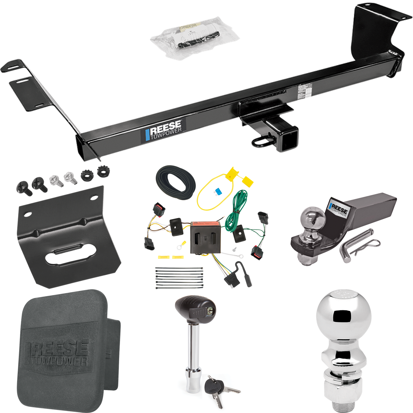 Fits 2008-2010 Chrysler Town & Country Trailer Hitch Tow PKG w/ 4-Flat Wiring + Starter Kit Ball Mount w/ 2" Drop & 2" Ball + 2-5/16" Ball + Wiring Bracket + Hitch Lock + Hitch Cover By Reese Towpower