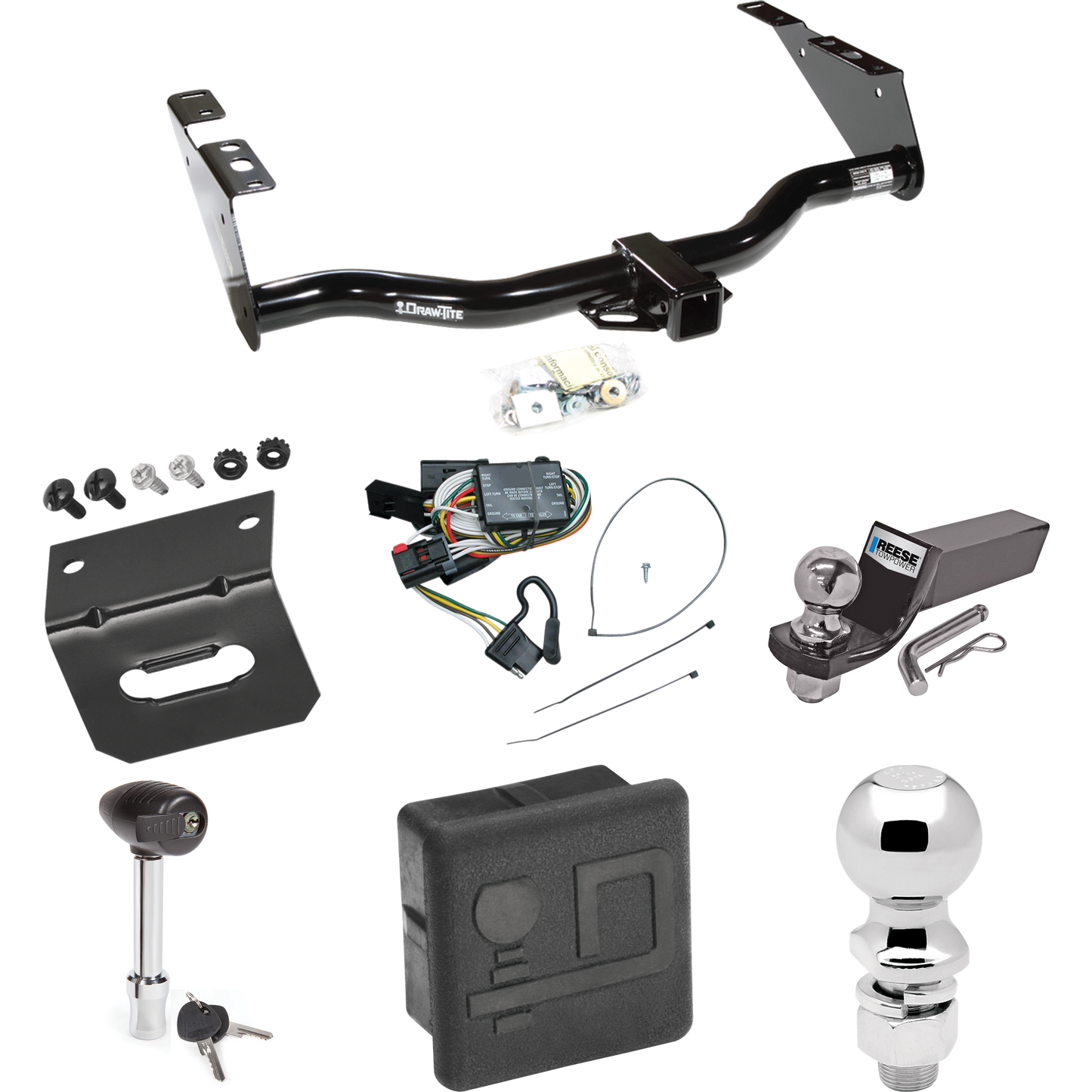 Fits 1996-2000 Dodge Grand Caravan Trailer Hitch Tow PKG w/ 4-Flat Wiring + Starter Kit Ball Mount w/ 2" Drop & 2" Ball + 2-5/16" Ball + Wiring Bracket + Hitch Lock + Hitch Cover By Draw-Tite