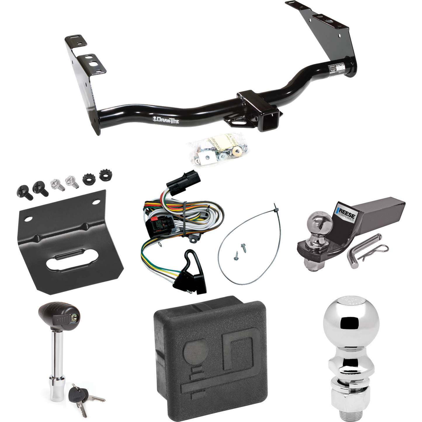 Fits 2001-2003 Chrysler Voyager Trailer Hitch Tow PKG w/ 4-Flat Wiring + Starter Kit Ball Mount w/ 2" Drop & 2" Ball + 2-5/16" Ball + Wiring Bracket + Hitch Lock + Hitch Cover By Draw-Tite