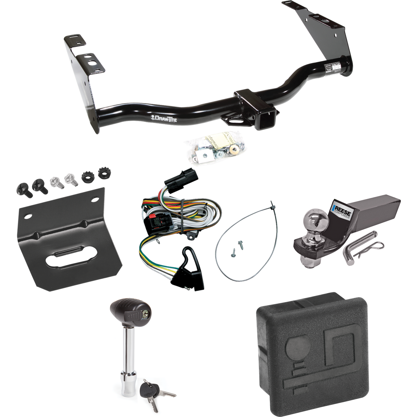 Fits 2001-2003 Dodge Grand Caravan Trailer Hitch Tow PKG w/ 4-Flat Wiring + Starter Kit Ball Mount w/ 2" Drop & 2" Ball + Wiring Bracket + Hitch Lock + Hitch Cover By Draw-Tite