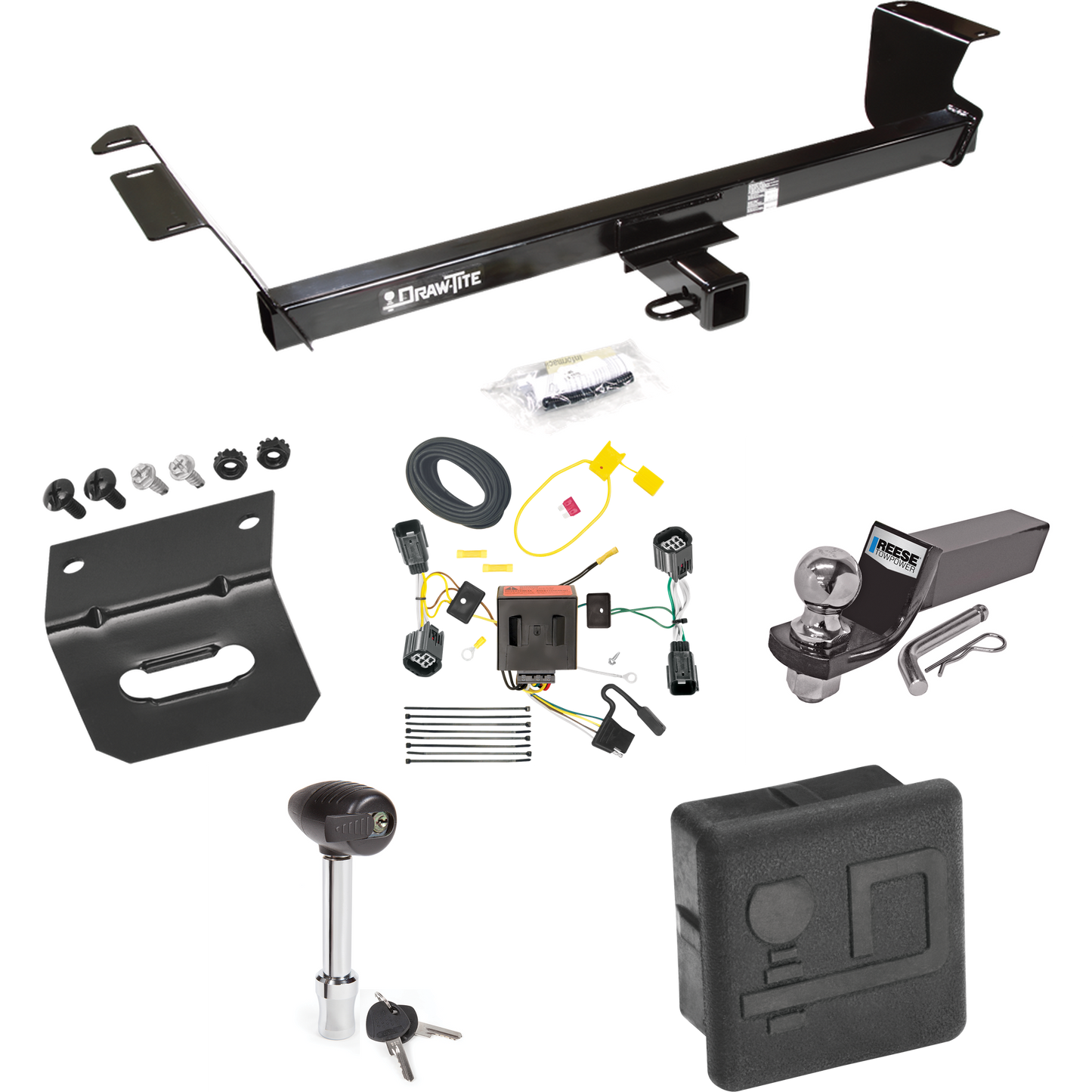 Fits 2011-2020 Dodge Grand Caravan Trailer Hitch Tow PKG w/ 4-Flat Wiring + Starter Kit Ball Mount w/ 2" Drop & 2" Ball + Wiring Bracket + Hitch Lock + Hitch Cover By Draw-Tite