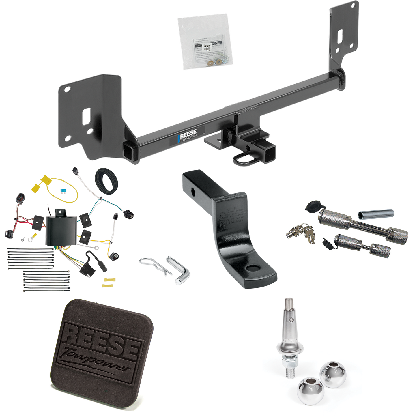 Fits 2015-2020 Acura TLX Trailer Hitch Tow PKG w/ 4-Flat Wiring Harness + Draw-Bar + Interchangeable 1-7/8" & 2" Balls + Hitch Cover + Dual Hitch & Coupler Locks By Reese Towpower