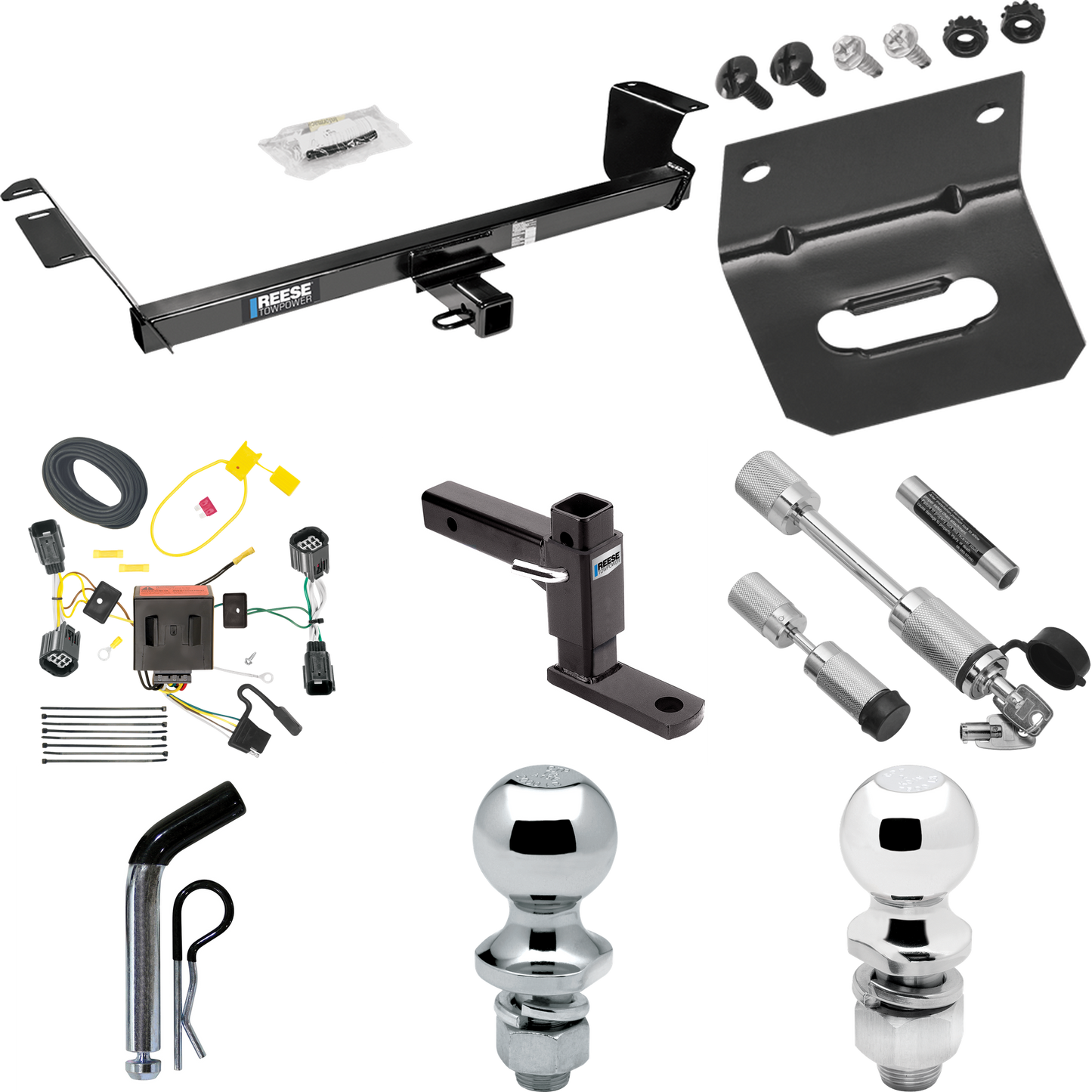 Fits 2011-2020 Dodge Grand Caravan Trailer Hitch Tow PKG w/ 4-Flat Wiring Harness + Adjustable Drop Rise Ball Mount + Pin/Clip + 2" Ball + 1-7/8" Ball + Dual Hitch & Coupler Locks By Reese Towpower