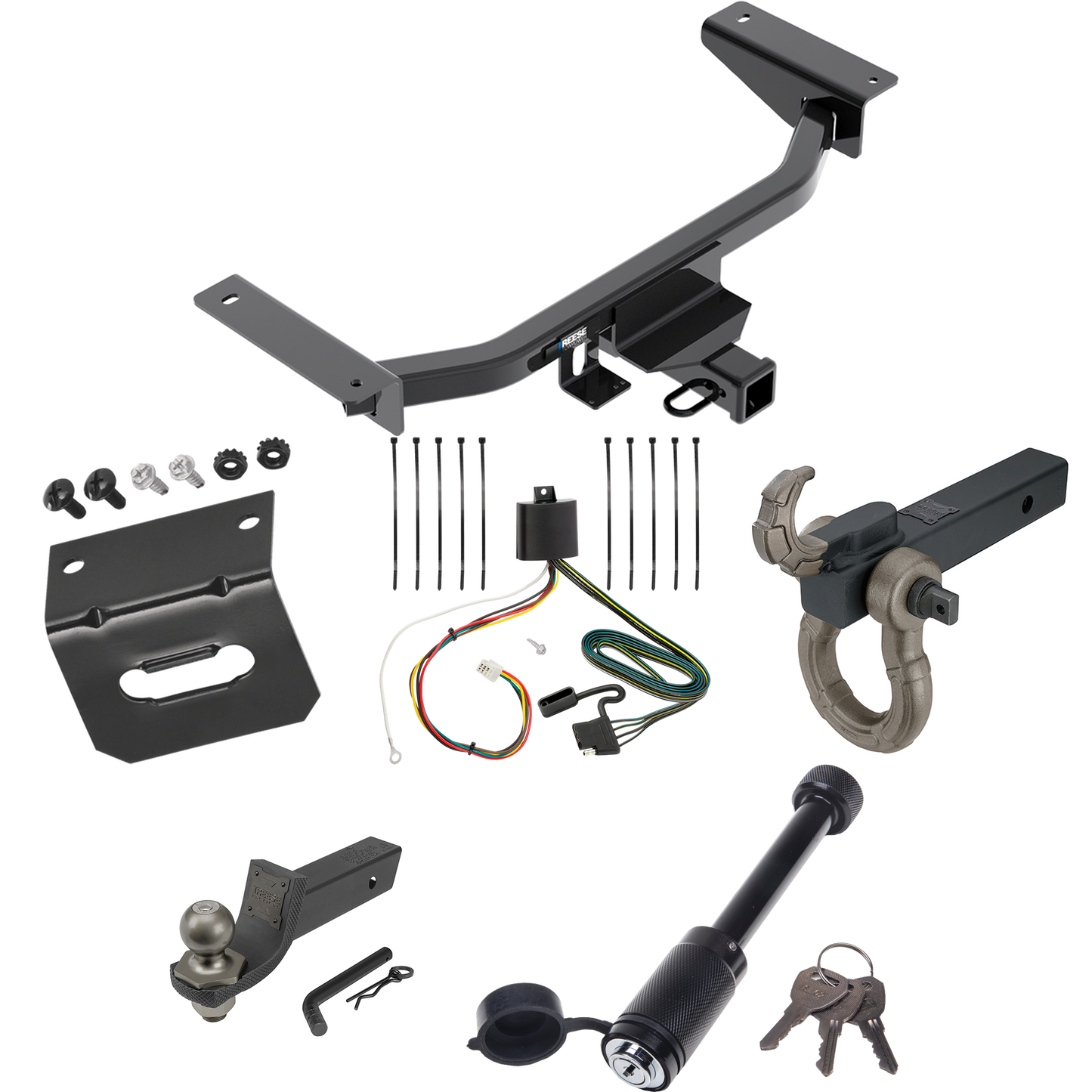 Fits 2016-2023 Mazda CX-9 Trailer Hitch Tow PKG w/ 4-Flat Wiring + Interlock Tactical Starter Kit w/ 2" Drop & 2" Ball + Tactical Hook & Shackle Mount + Tactical Dogbone Lock + Wiring Bracket By Reese Towpower