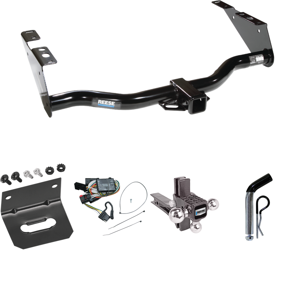 Fits 1996-2000 Plymouth Grand Voyager Trailer Hitch Tow PKG w/ 4-Flat Wiring Harness + Adjustable Drop Rise Triple Ball Ball Mount 1-7/8" & 2" & 2-5/16" Trailer Balls + Pin/Clip + Wiring Bracket By Reese Towpower