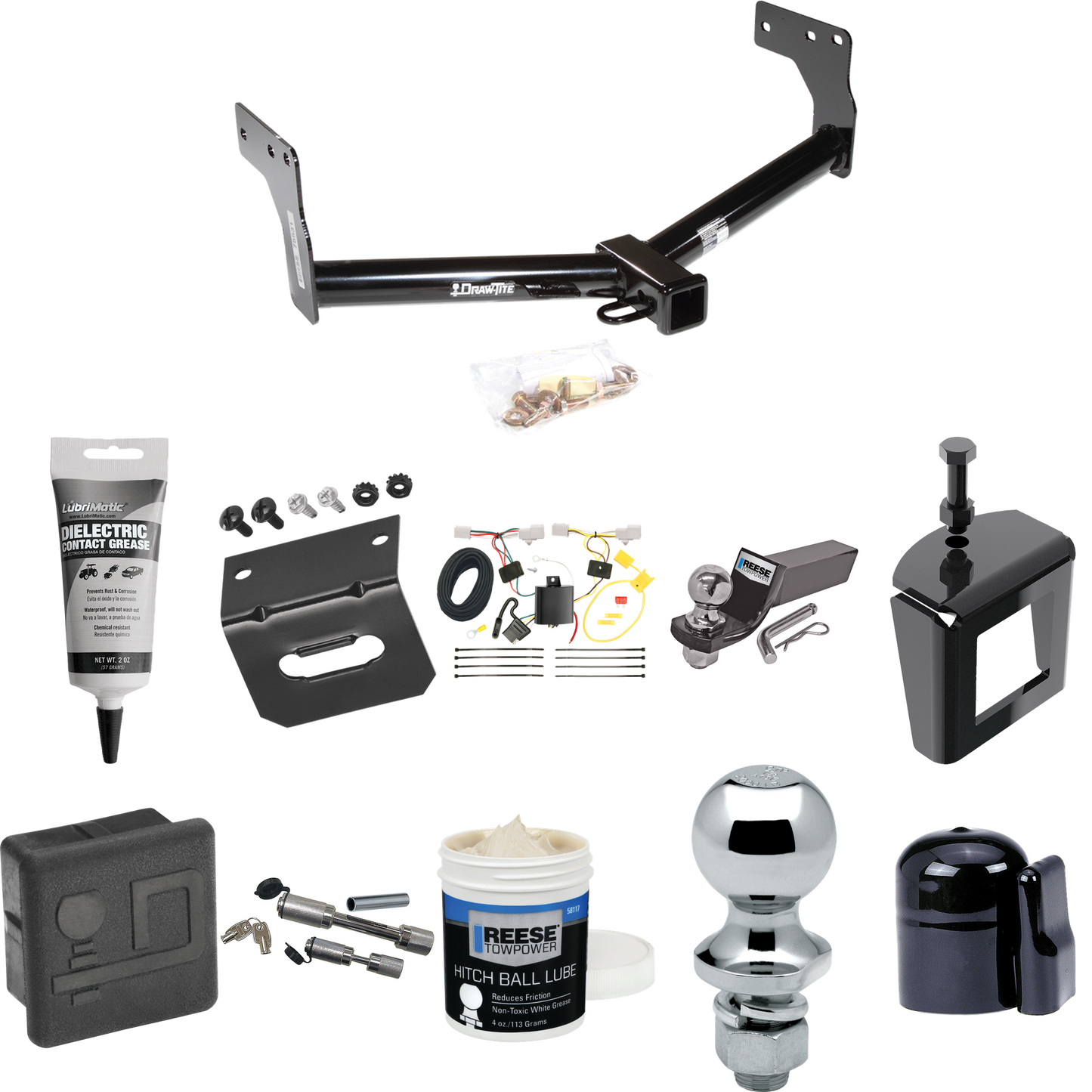 Fits 2007-2015 Mazda CX-9 Trailer Hitch Tow PKG w/ 4-Flat Wiring + Starter Kit Ball Mount w/ 2" Drop & 2" Ball + 1-7/8" Ball + Wiring Bracket + Dual Hitch & Coupler Locks + Hitch Cover + Wiring Tester + Ball Lube +Electric Grease + Ball Wrench + Anti