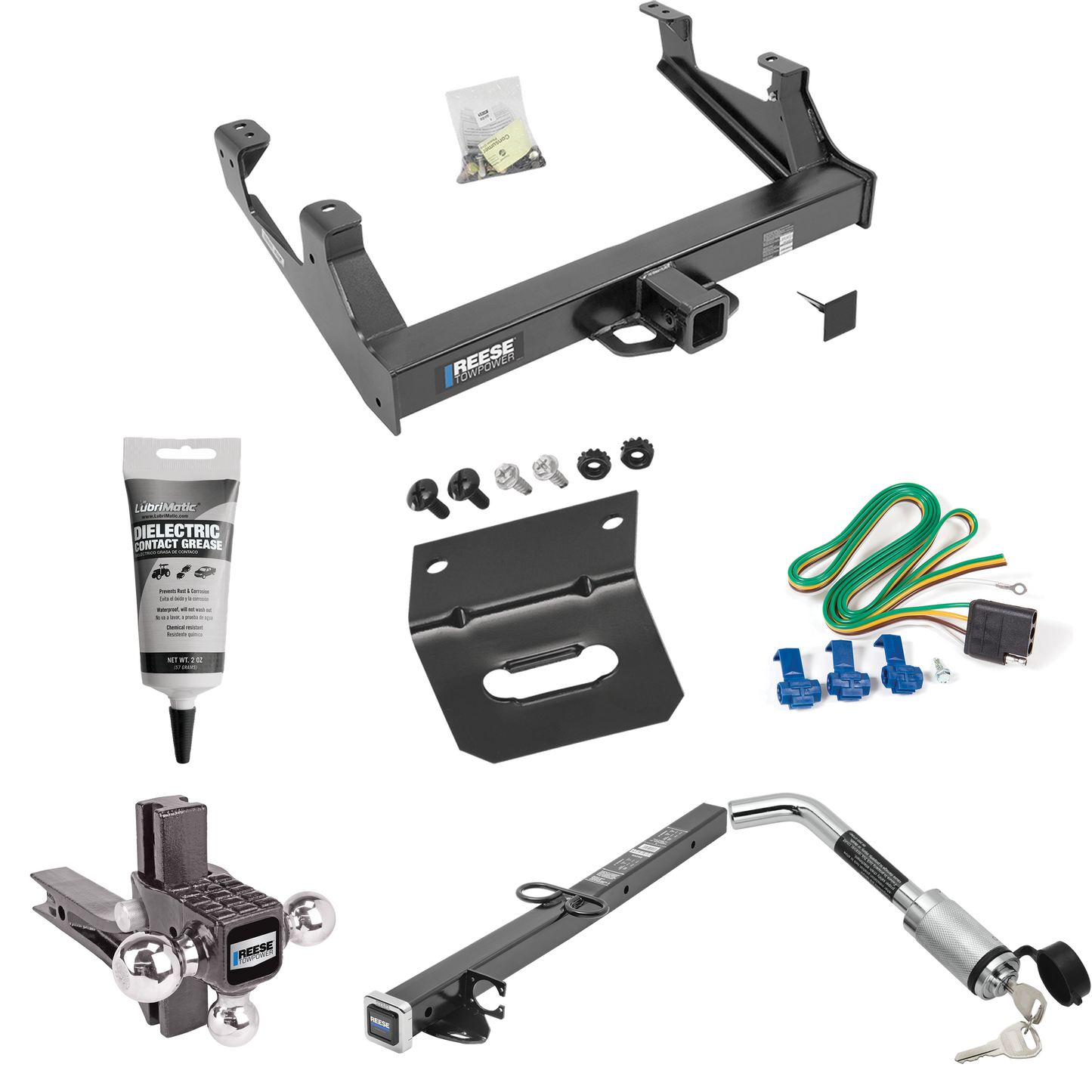 Fits 2015-2019 GMC Sierra 2500 HD Trailer Hitch Tow PKG w/ 4-Flat Wiring Harness + 2-1/2" to 2" Adapter 24" Length + Adjustable Drop Rise Triple Ball Ball Mount 1-7/8" & 2" & 2-5/16" Trailer Balls + Hitch Lock + Wiring Bracket + Electric Grease By Re