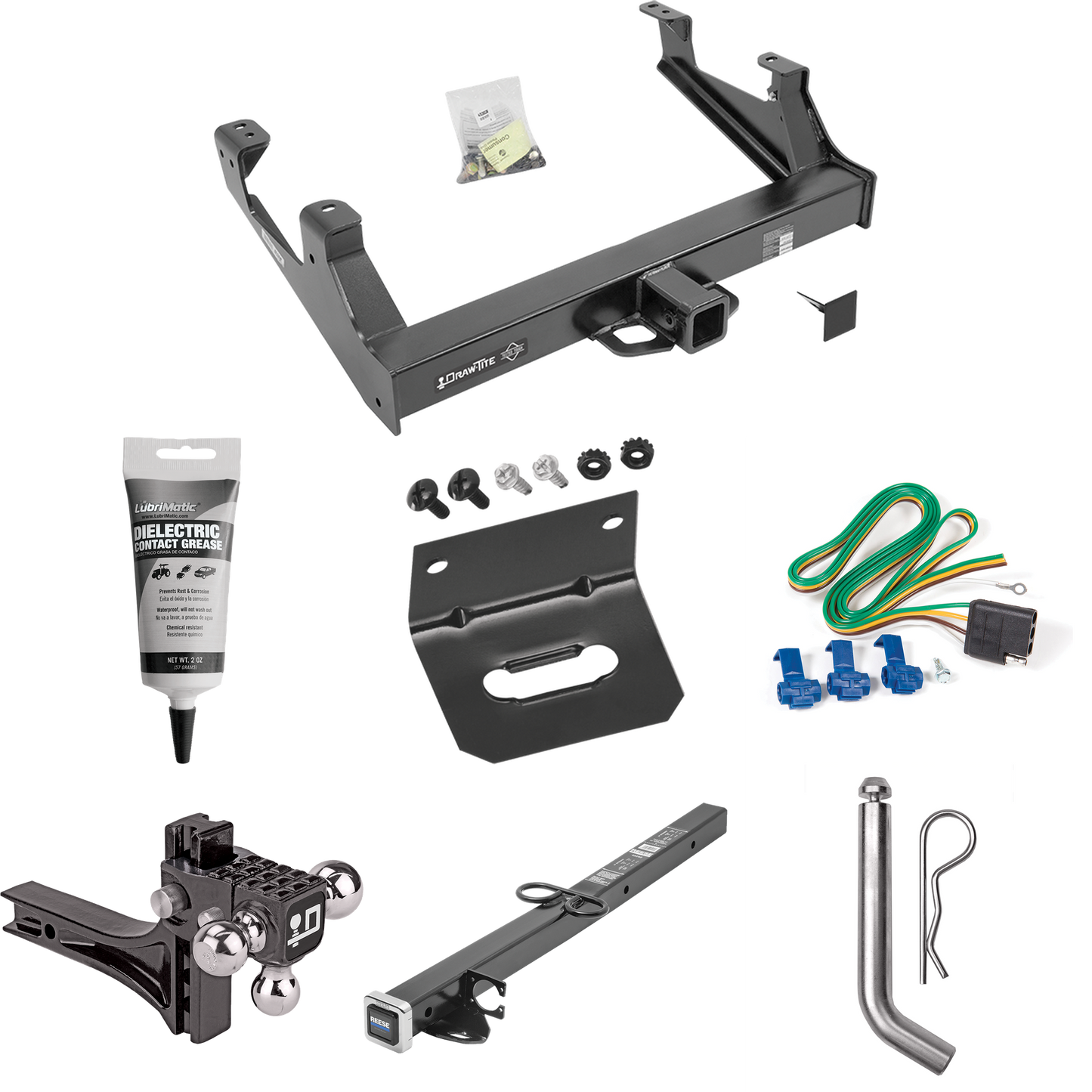 Fits 2015-2019 GMC Sierra 2500 HD Trailer Hitch Tow PKG w/ 4-Flat Wiring Harness + 2-1/2" to 2" Adapter 24" Length + Adjustable Drop Rise Triple Ball Ball Mount 1-7/8" & 2" & 2-5/16" Trailer Balls + Pin/Clip + Wiring Bracket + Electric Grease By Draw