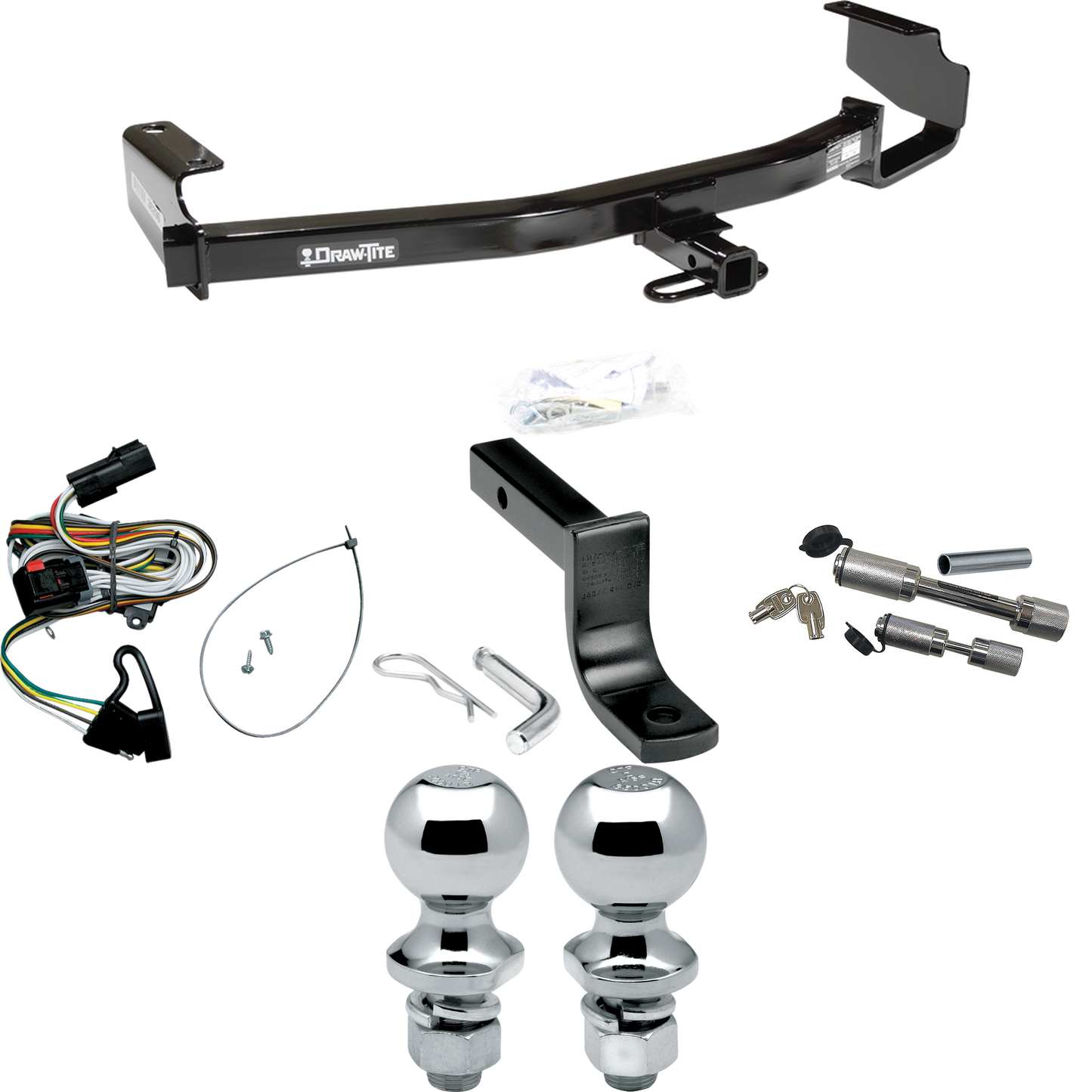 Fits 2001-2003 Dodge Caravan Trailer Hitch Tow PKG w/ 4-Flat Wiring Harness + Draw-Bar + 1-7/8" + 2" Ball + Dual Hitch & Coupler Locks By Draw-Tite