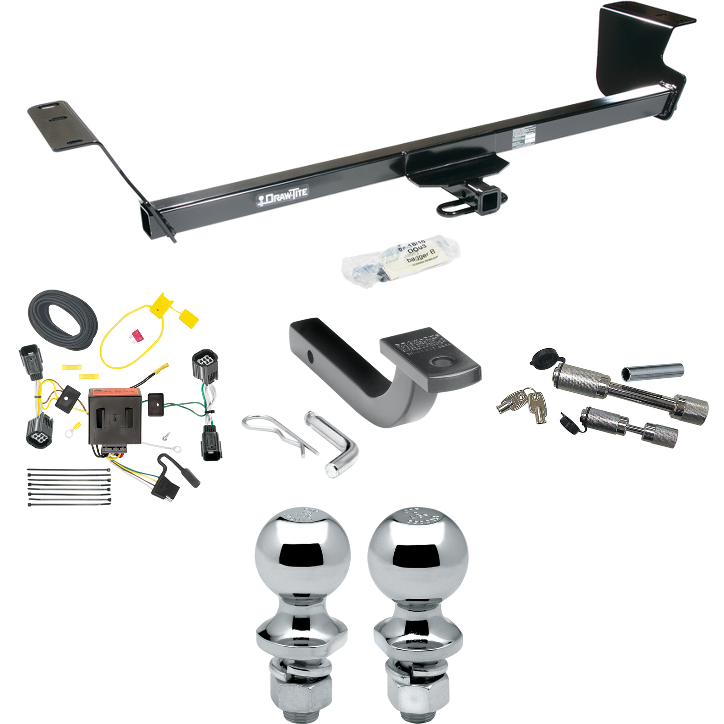 Se adapta al paquete de remolque con enganche de remolque RAM C/V 2012-2015 con arnés de cableado de 4 planos + barra de tracción + bola de 1-7/8" + 2" + enganche doble y cerraduras de acoplador (para modelos Tradesman) de Draw-Tite