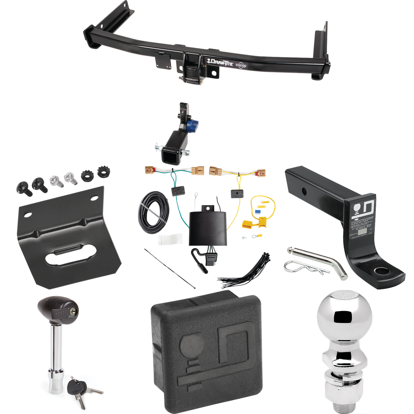 Fits 2019-2023 Volkswagen Tiguan Trailer Hitch Tow PKG w/ 4-Flat Wiring + Ball Mount w/ 4" Drop + 2-5/16" Ball + Wiring Bracket + Hitch Lock + Hitch Cover By Draw-Tite