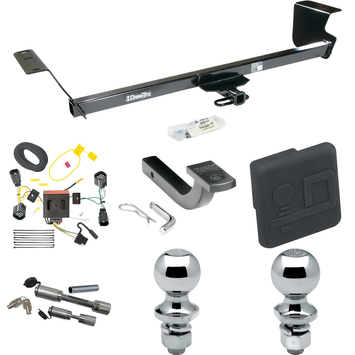 Fits 2011-2020 Dodge Grand Caravan Trailer Hitch Tow PKG w/ 4-Flat Wiring Harness + Draw-Bar + 1-7/8" + 2" Ball + Hitch Cover + Dual Hitch & Coupler Locks By Draw-Tite