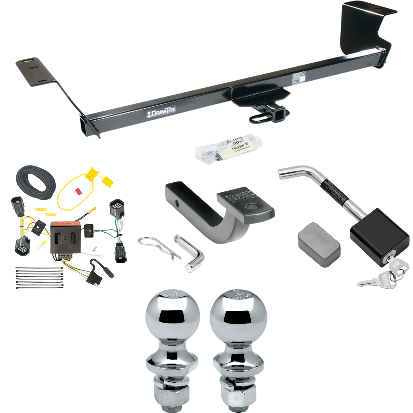 Fits 2011-2020 Dodge Grand Caravan Trailer Hitch Tow PKG w/ 4-Flat Wiring Harness + Draw-Bar + 1-7/8" + 2" Ball + Hitch Lock By Draw-Tite