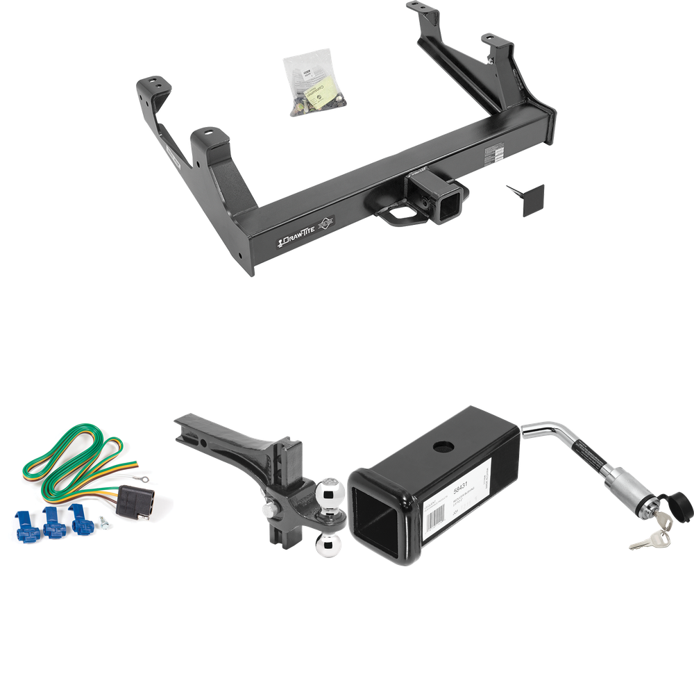 Fits 2015-2019 GMC Sierra 2500 HD Trailer Hitch Tow PKG w/ 4-Flat Wiring Harness + 2-1/2" to 2" Adapter 7" Length + Adjustable Drop Rise Dual Ball Ball Mount 2" & 2-5/16" Trailer Balls + Hitch Lock By Draw-Tite