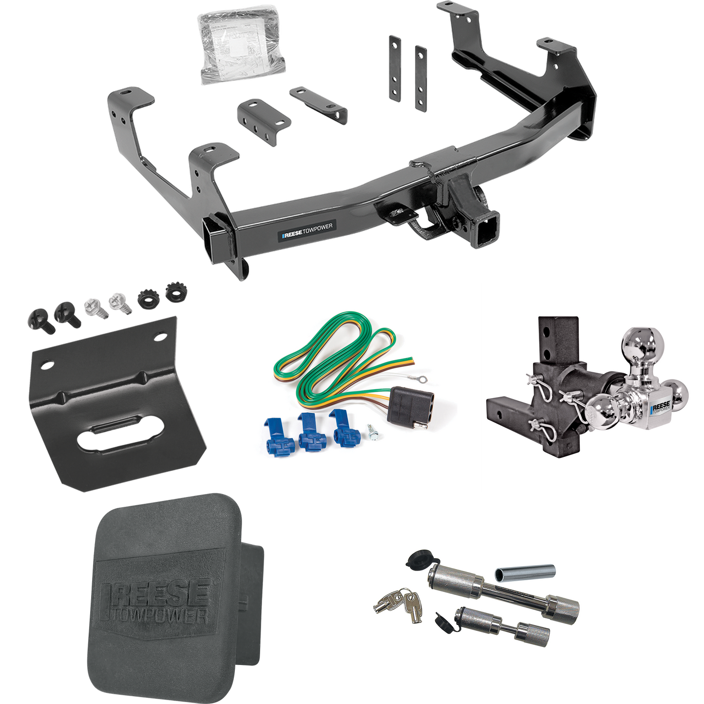 Fits 2015-2019 GMC Sierra 2500 HD Trailer Hitch Tow PKG w/ 4-Flat Wiring Harness + Adjustable Drop Rise Triple Ball Ball Mount 1-7/8" & 2" & 2-5/16" Trailer Balls + Dual Hitch & Coupler Locks + Hitch Cover + Wiring Bracket By Reese Towpower